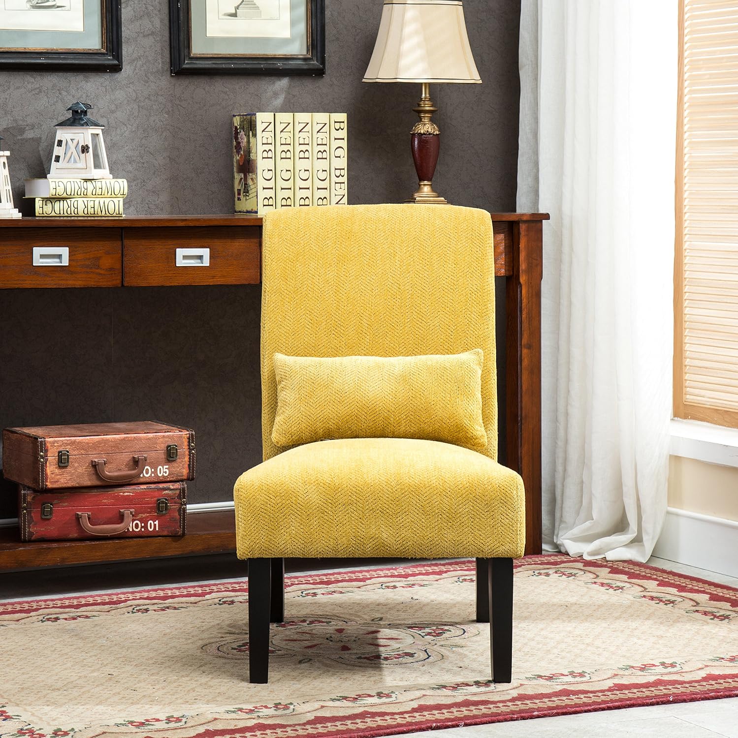Roundhill Furniture Pisano Teal Blue Fabric Armless Contemporary Accent Chair with Kidney Pillow