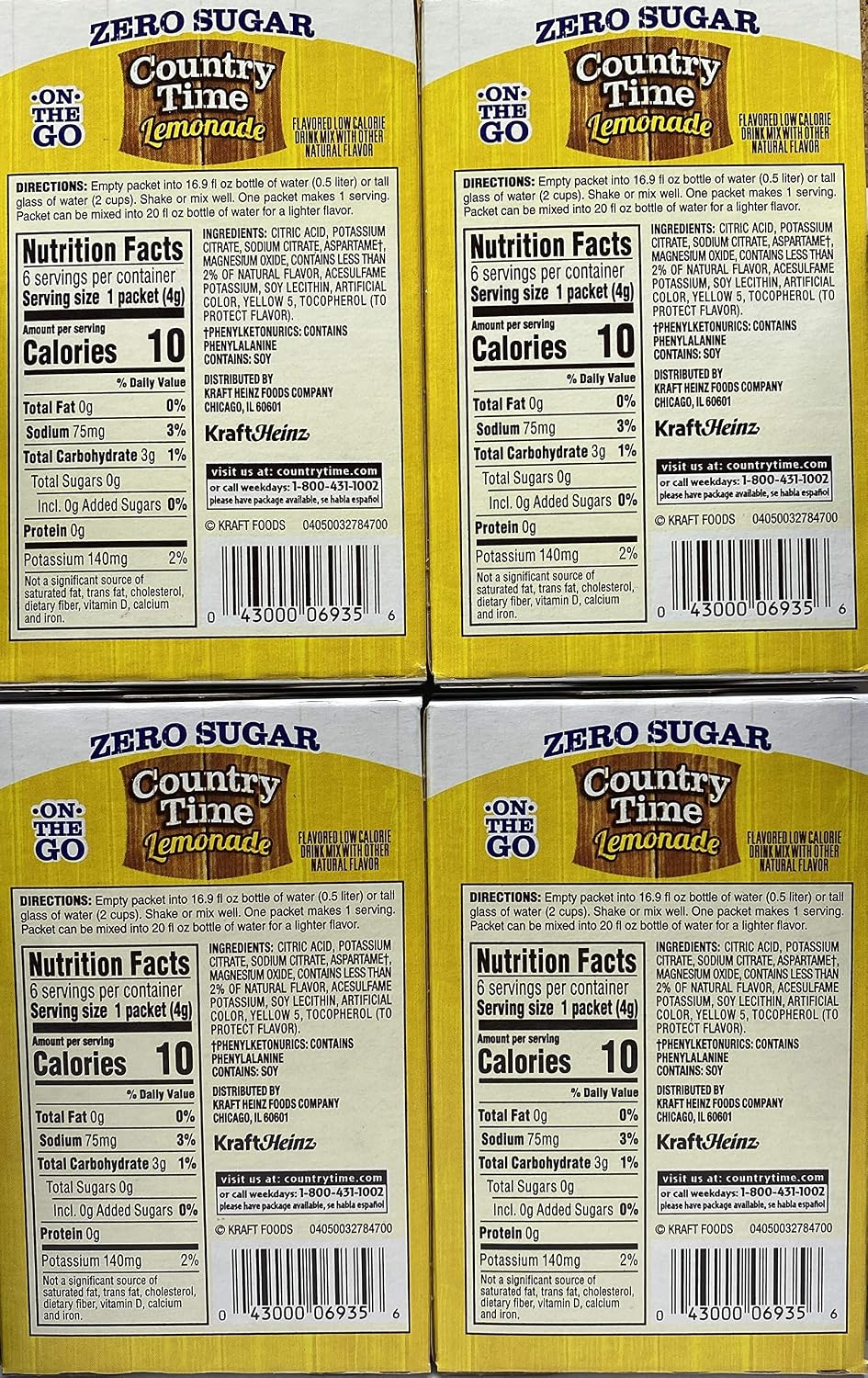 Country Time Lemonade Sugar Free On the Go! 6 Packets Powder (pack of 4) Gluten Free