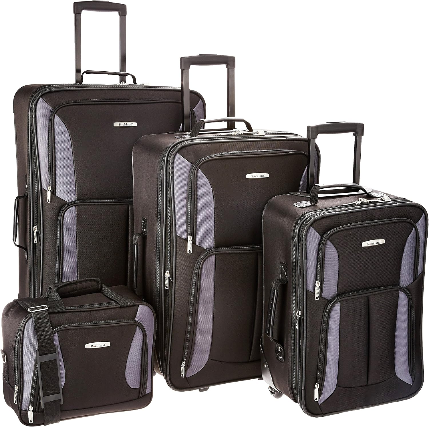 Rockland Fashion Softside Upright Luggage Set,Expandable, Telescopic Handle, Wheel, Black Dot, 2-Piece (14/19)