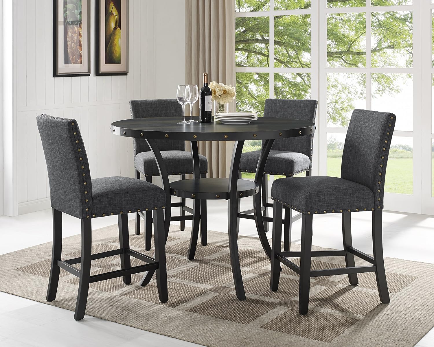 Biony Blue Fabric Counter Height Stools with Nailhead Trim, Set of 2