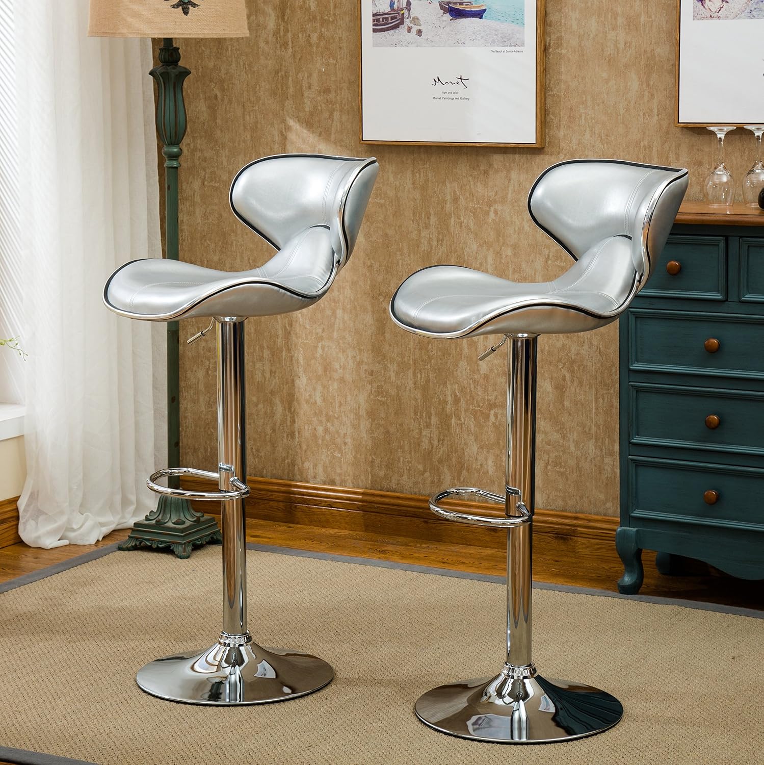 Roundhill Furniture Masaccio Cushioned Leatherette Upholstery Airlift Adjustable Swivel Barstool with Chrome Base, Set of 2, Blue