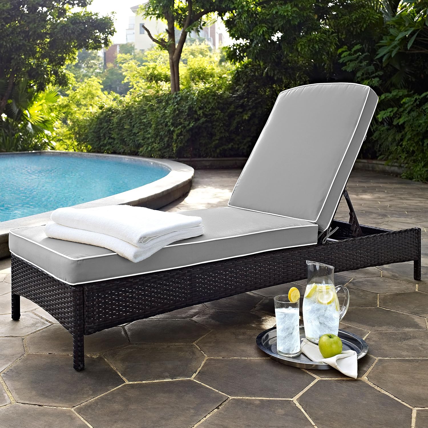 Crosley Furniture Palm Harbor Reclining Wicker Outdoor Chaise Lounge Chair for Patio, Deck, Poolside, Brown with Sand Cushions