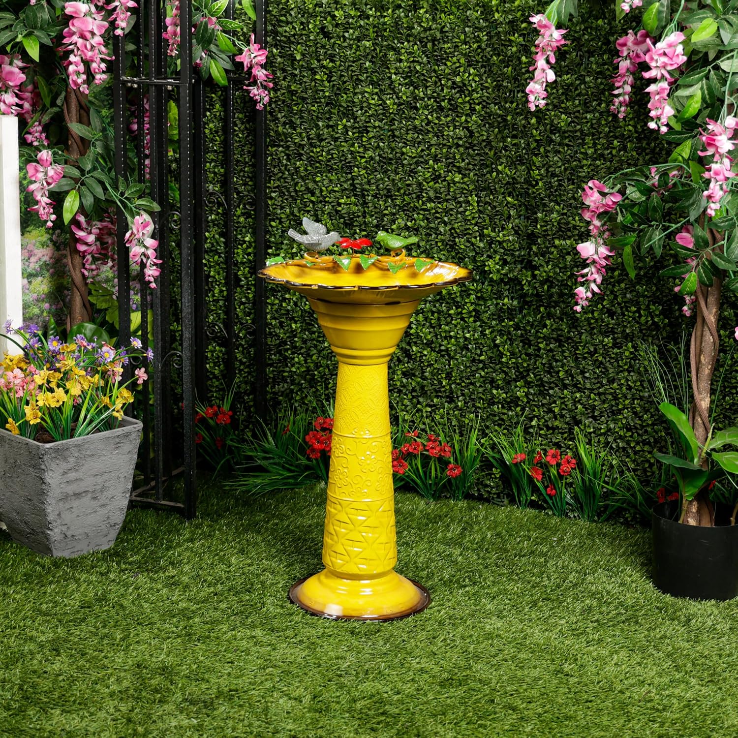 Alpine Corporation - 28" Tall Outdoor Metal Birdbath with Birds and Leaves Yard Statue Decoration, Red – Stunning Garden Accent to Attract Birds - Durable Construction for Patio, Deck, or Yard