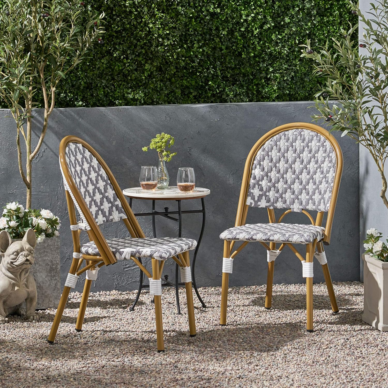 Christopher Knight Home Anastasia Outdoor French Bistro Chair (Set of 2), Black + White + Bamboo Print Finish