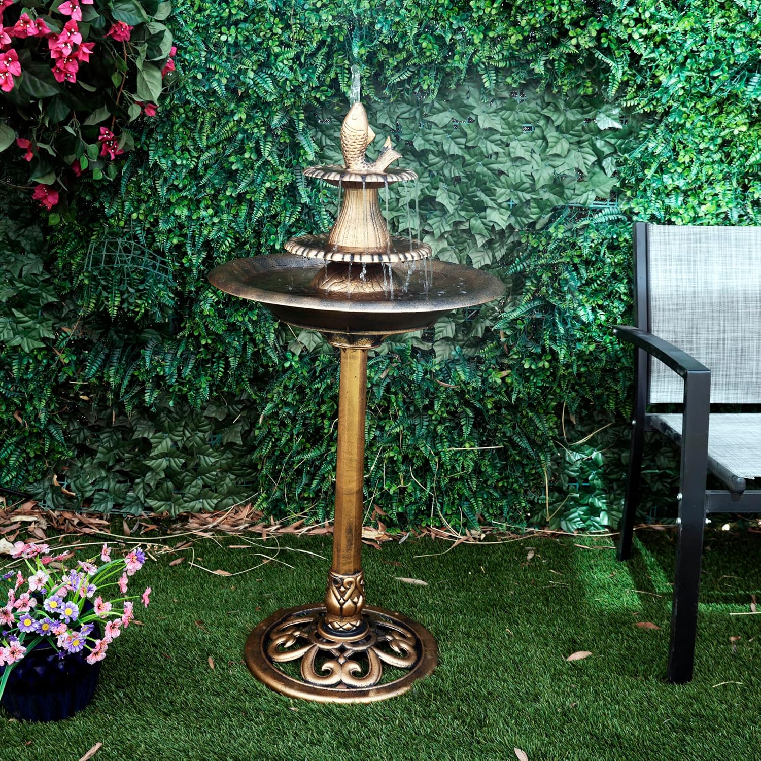Alpine Corporation TEC116 Outdoor Aged Green Pedestal Birdbath with Scrollwork, 28" Tall, Green