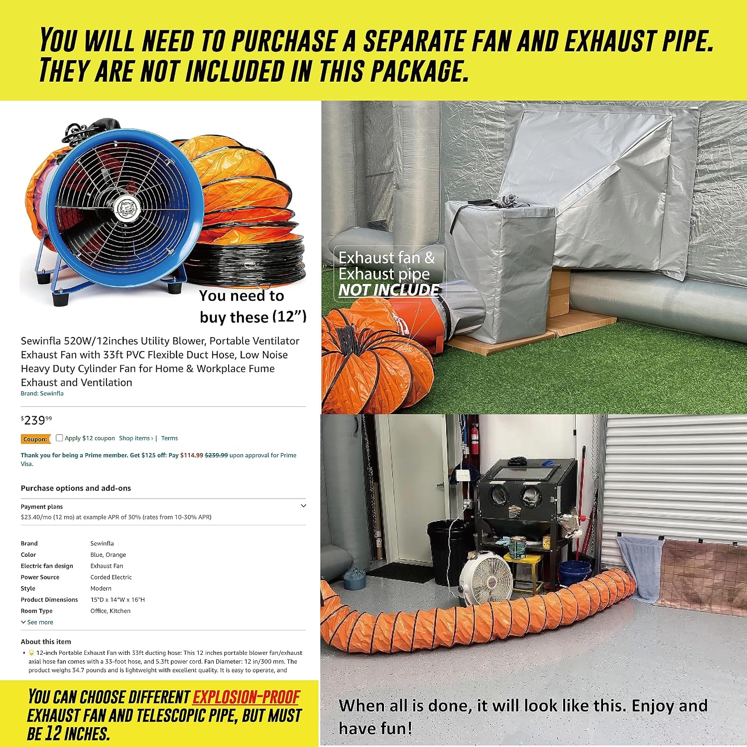 Sewinfla Inflatable Paint Booth Side Window Air Draft Device Small Size for Indoor (Elephant Trunk，NOT Suitable for Any Other Brand Paint Booth)