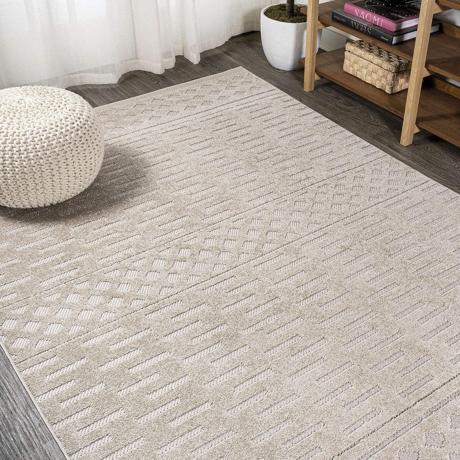 JONATHAN Y Moroccan Geometric Indoor Outdoor Area Rug 3X5 Beige, Xlendi High-Low Pile for Backyard, Patio, Porch, Easy-Cleaning, High Traffic