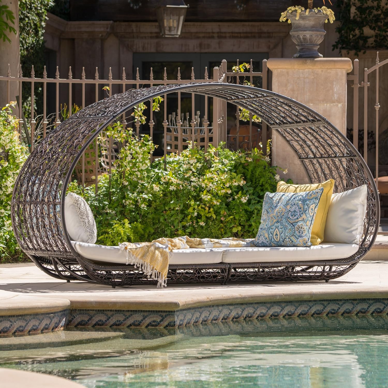GDFStudio Outdoor Wicker Overhead Canopy Daybed Water Resistant Cushion (Grey/White)