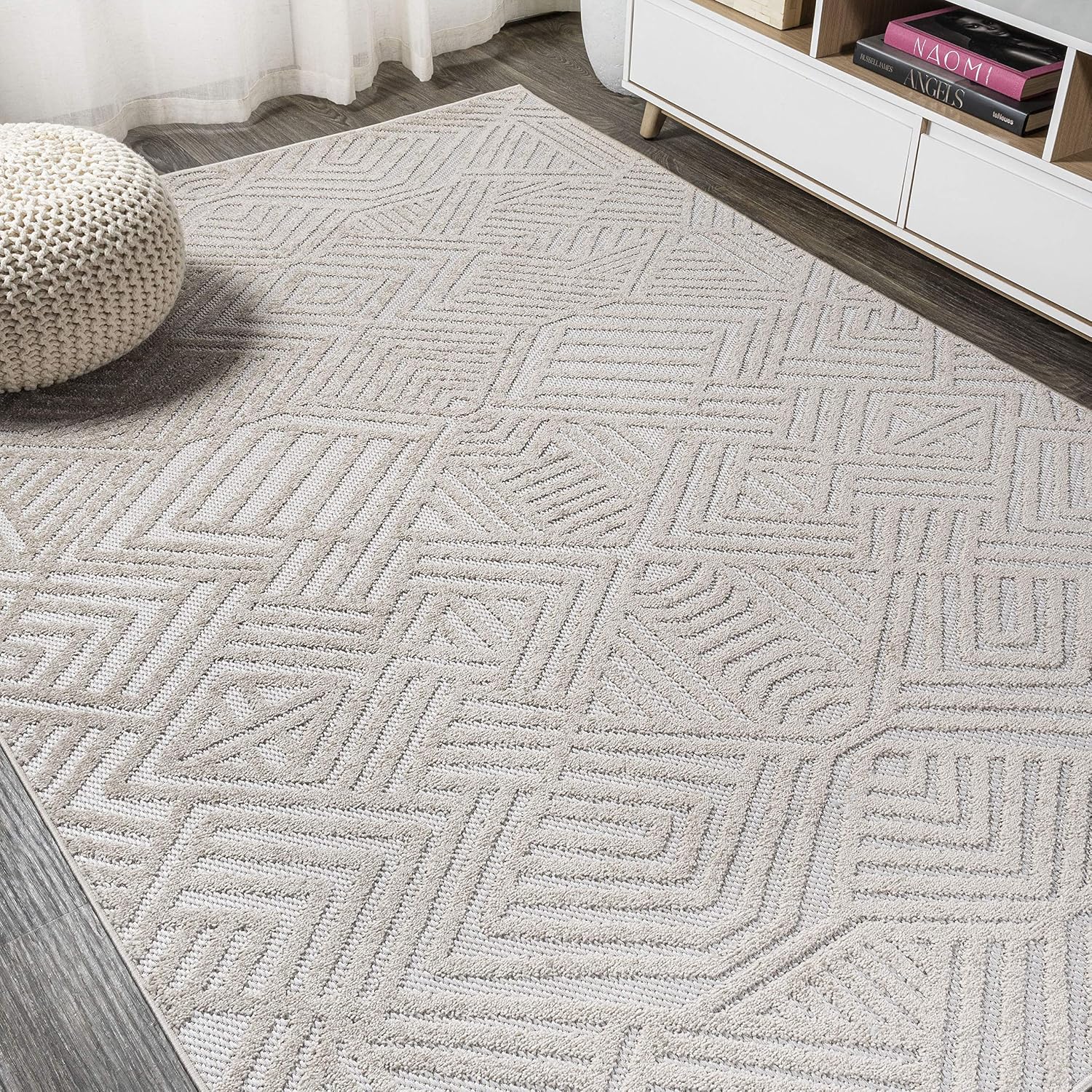 JONATHAN Y Art Deco Geometric Indoor Outdoor Area Rug 3X5 White/Black, Jordan High-Low Pile for Backyard, Patio, Porch, Easy-Cleaning, High Traffic
