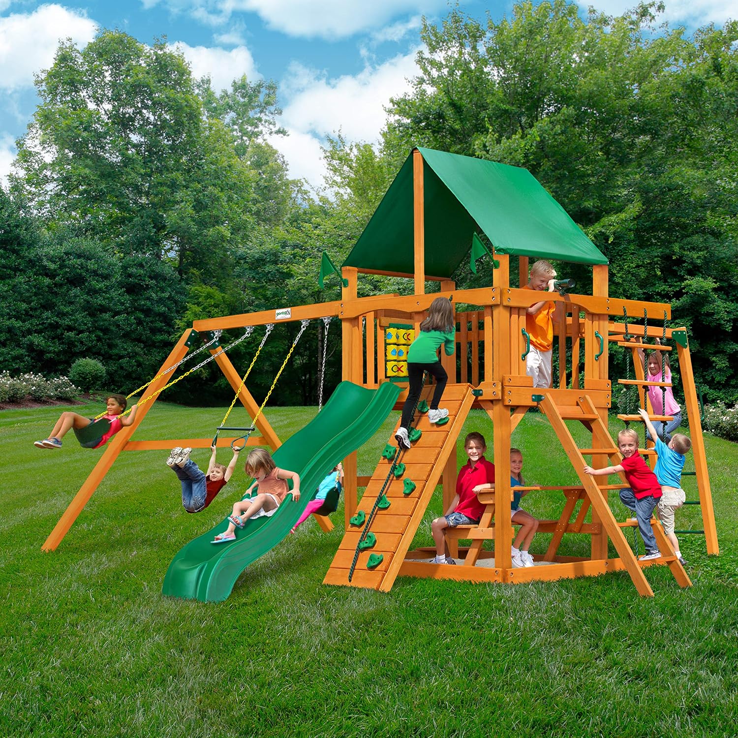 Gorilla Playsets 01-0020-AP-1 Navigator Wooden Swing Set with Deluxe Green Vinyl Canopy, Monkey Bars, Swings, and Slide, Brown
