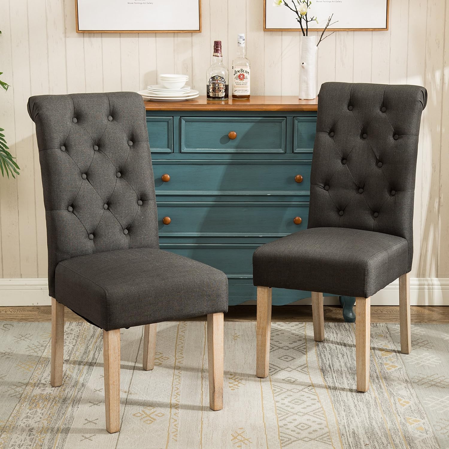 Roundhill Furniture Habit Solid Wood Tufted Parsons Dining Chair (Set of 2), Tan