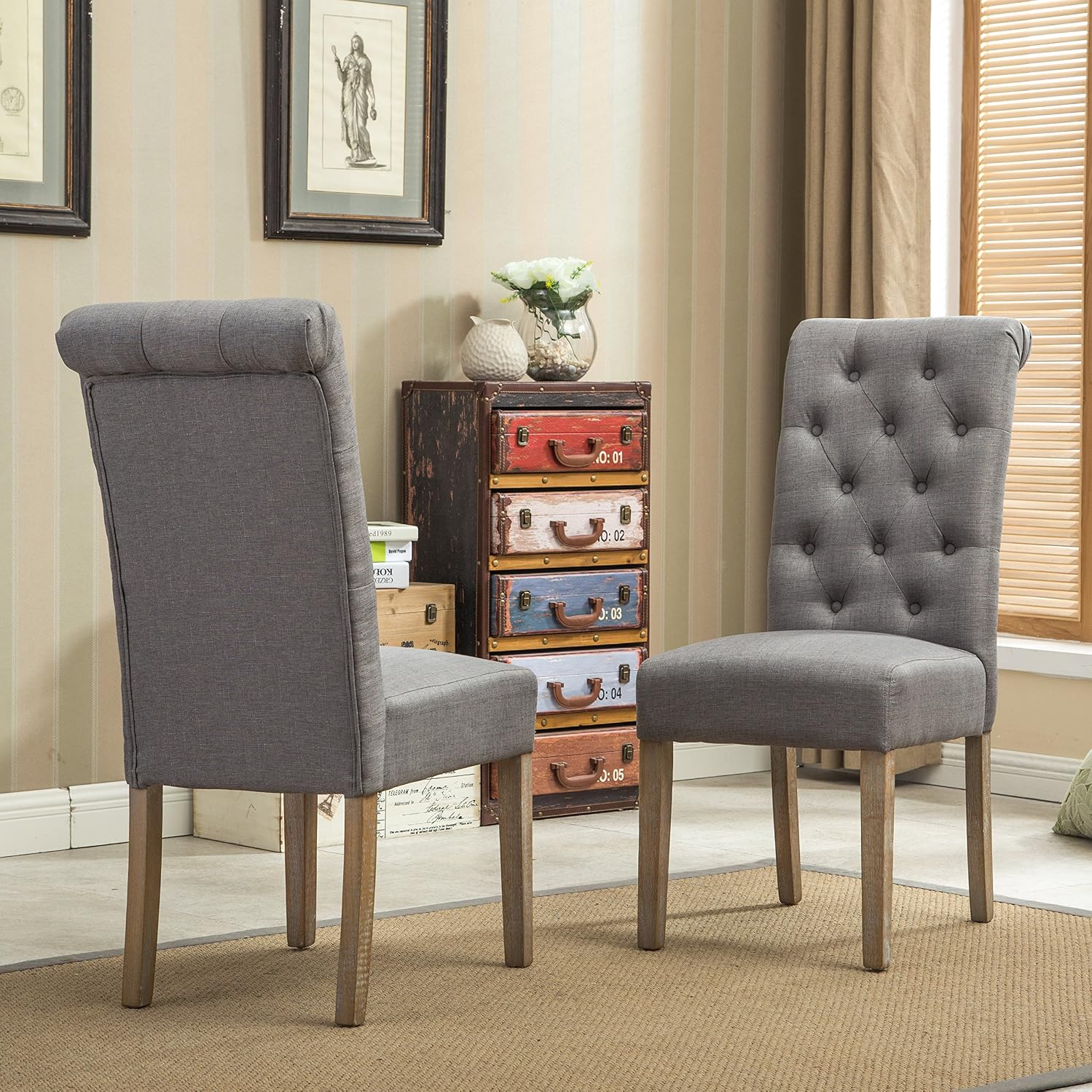 Roundhill Furniture Habit Solid Wood Tufted Parsons Dining Chair (Set of 2), Tan