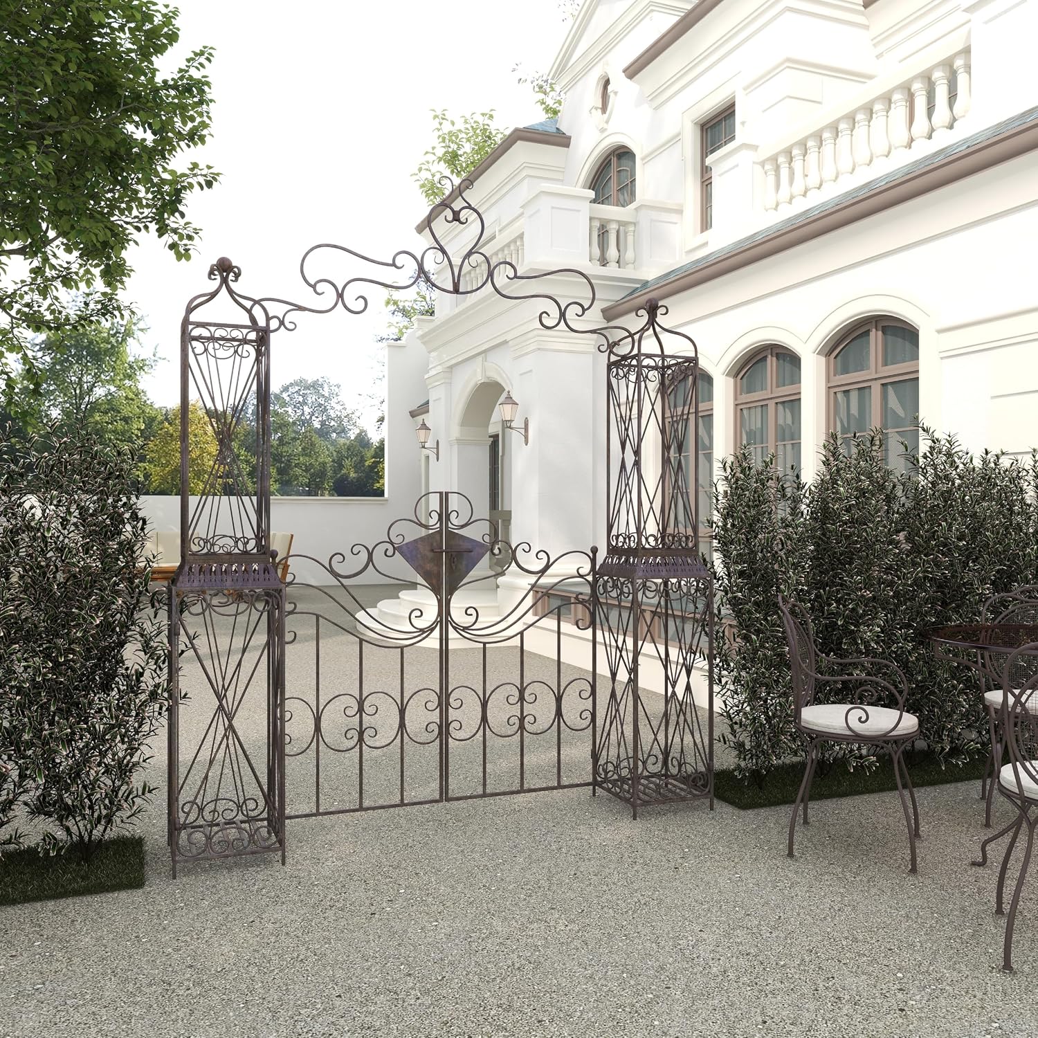 Deco 79 Metal Indoor Outdoor Garden Arbor, 78" x 14" x 94", Matte Bronze | Elevate patios and gardens, metal garden arch trellis, metal trellis for climbing plants outdoor, double doors, scroll latch