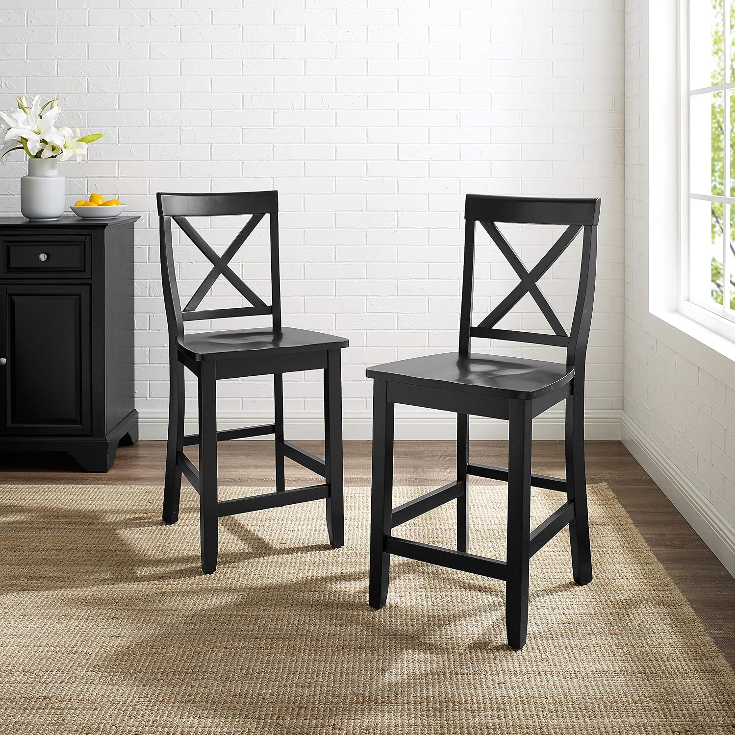 Crosley Furniture X-Back Wood Bar Stools Set of 2, Black, 30-inch