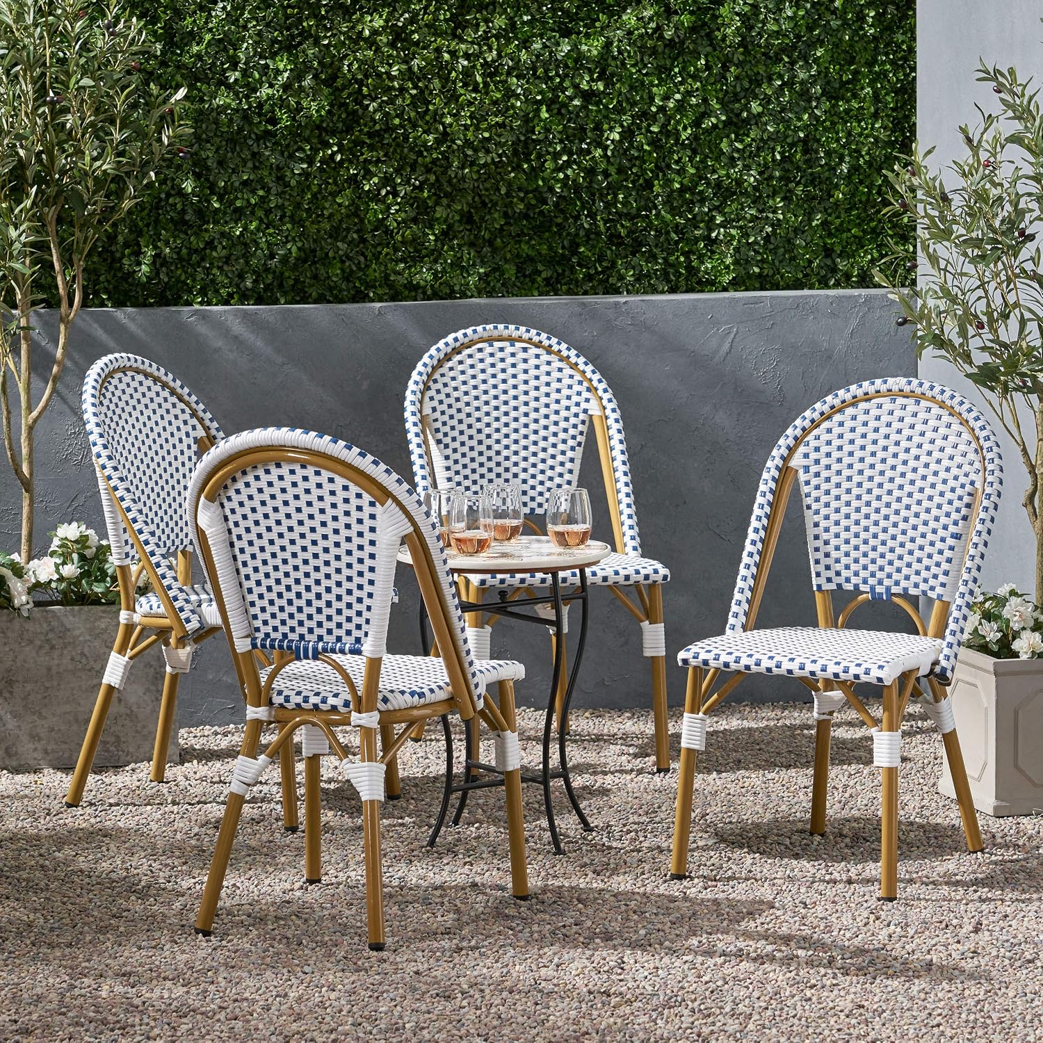 Christopher Knight Home Philomena Outdoor French Bistro Chair (Set of 4), Black + White + Bamboo Print Finish