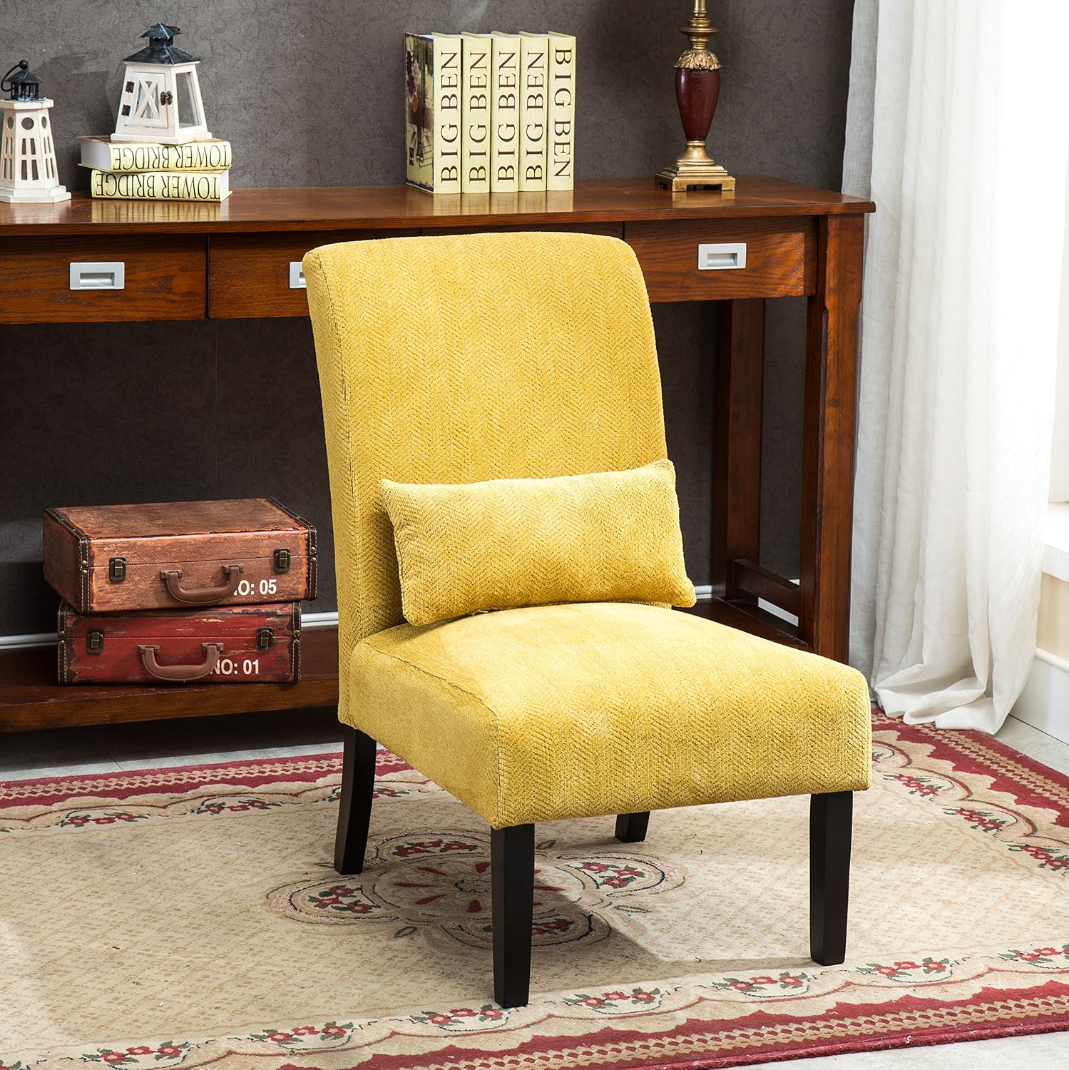 Roundhill Furniture Pisano Teal Blue Fabric Armless Contemporary Accent Chair with Kidney Pillow