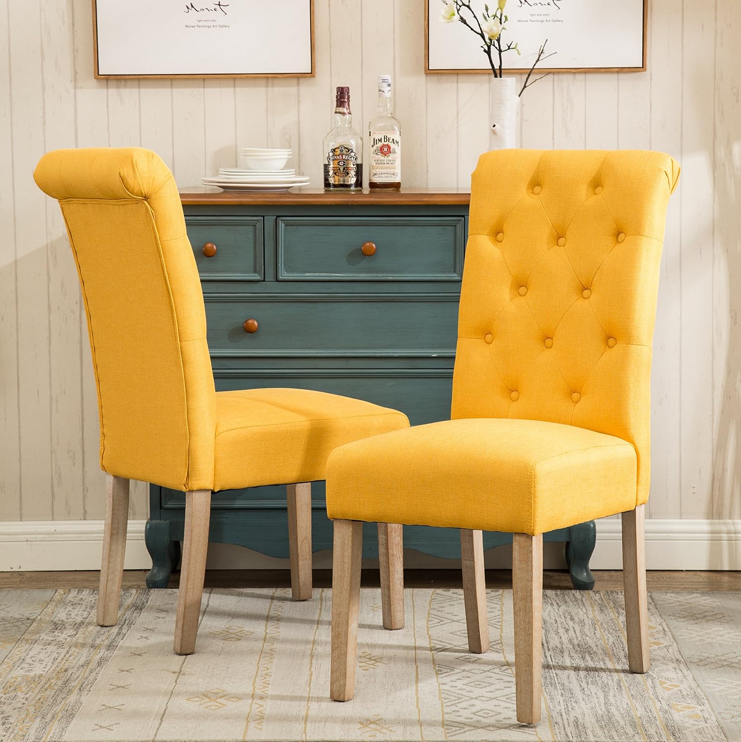 Roundhill Furniture Habit Solid Wood Tufted Parsons Dining Chair (Set of 2), Tan
