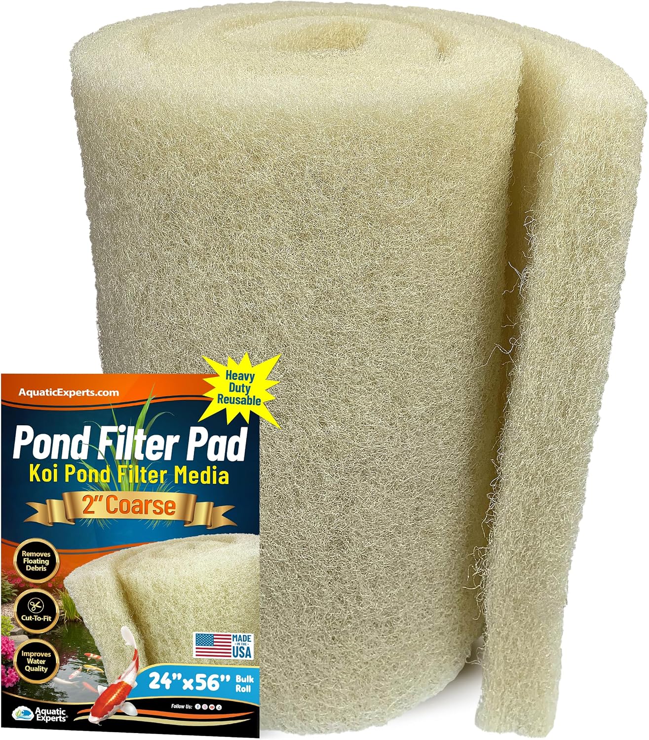 Aquatic Experts Cream COARSE Pond Filter Pad - 2 inch Thick - Bulk Roll Water Garden Filter Pond Media - Made in USA, (12" x 36")