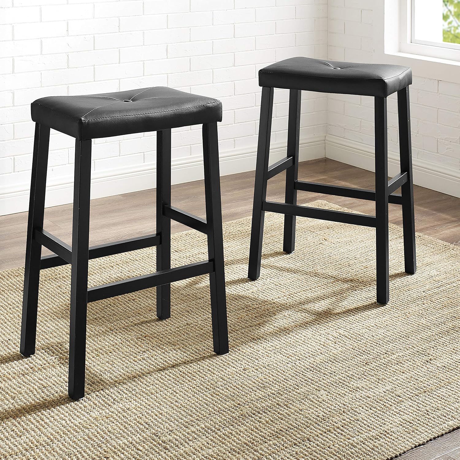 Crosley Furniture Upholstered Saddle Seat Counter Height Bar Stools Set of 2, Black, 24-inch