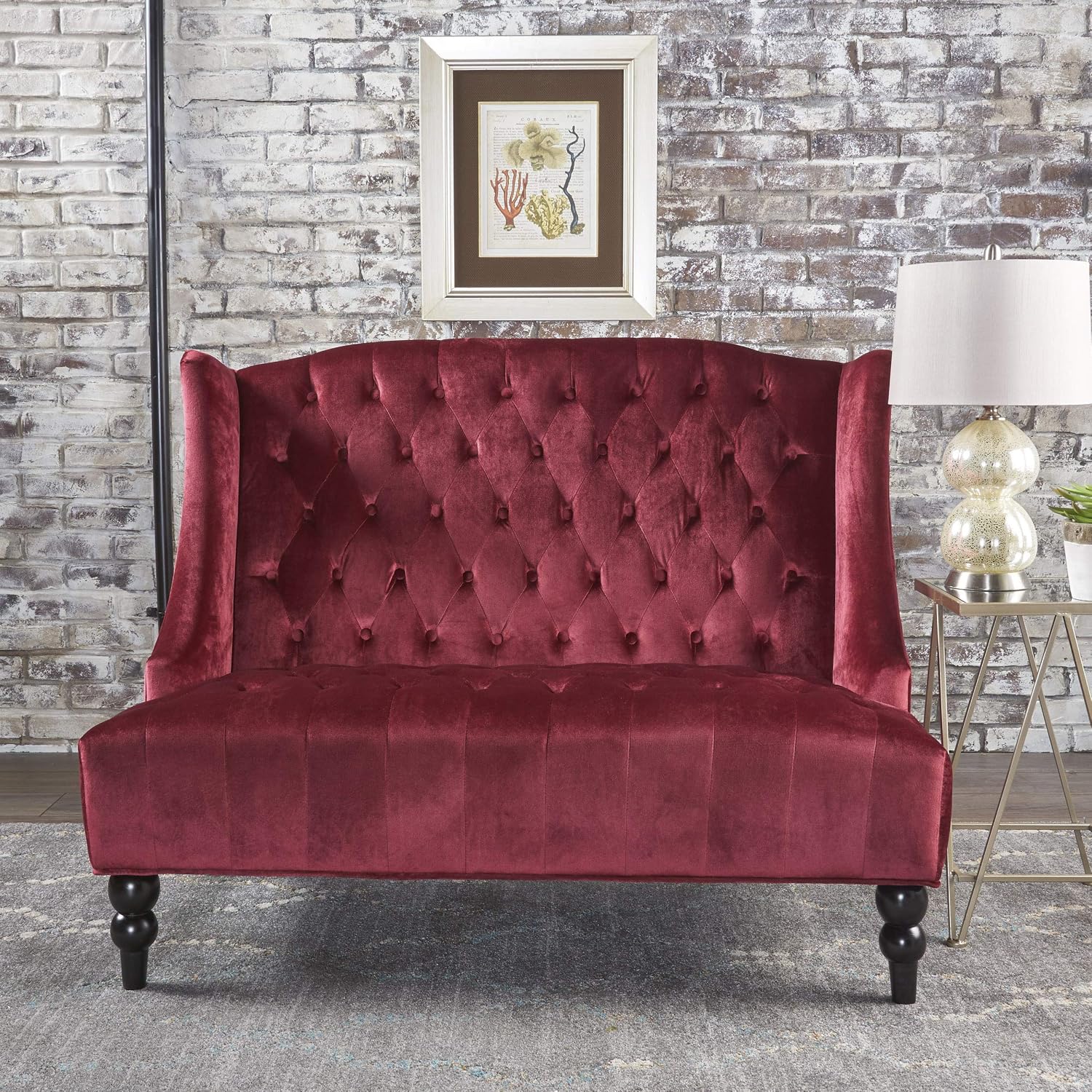 Christopher Knight Home GDFStudio Leona Modern Glam Tufted Velvet Wingback Loveseat, Wine and Dark Brown, 34.00 ''D x 50.25‘’W x 38.50'' H