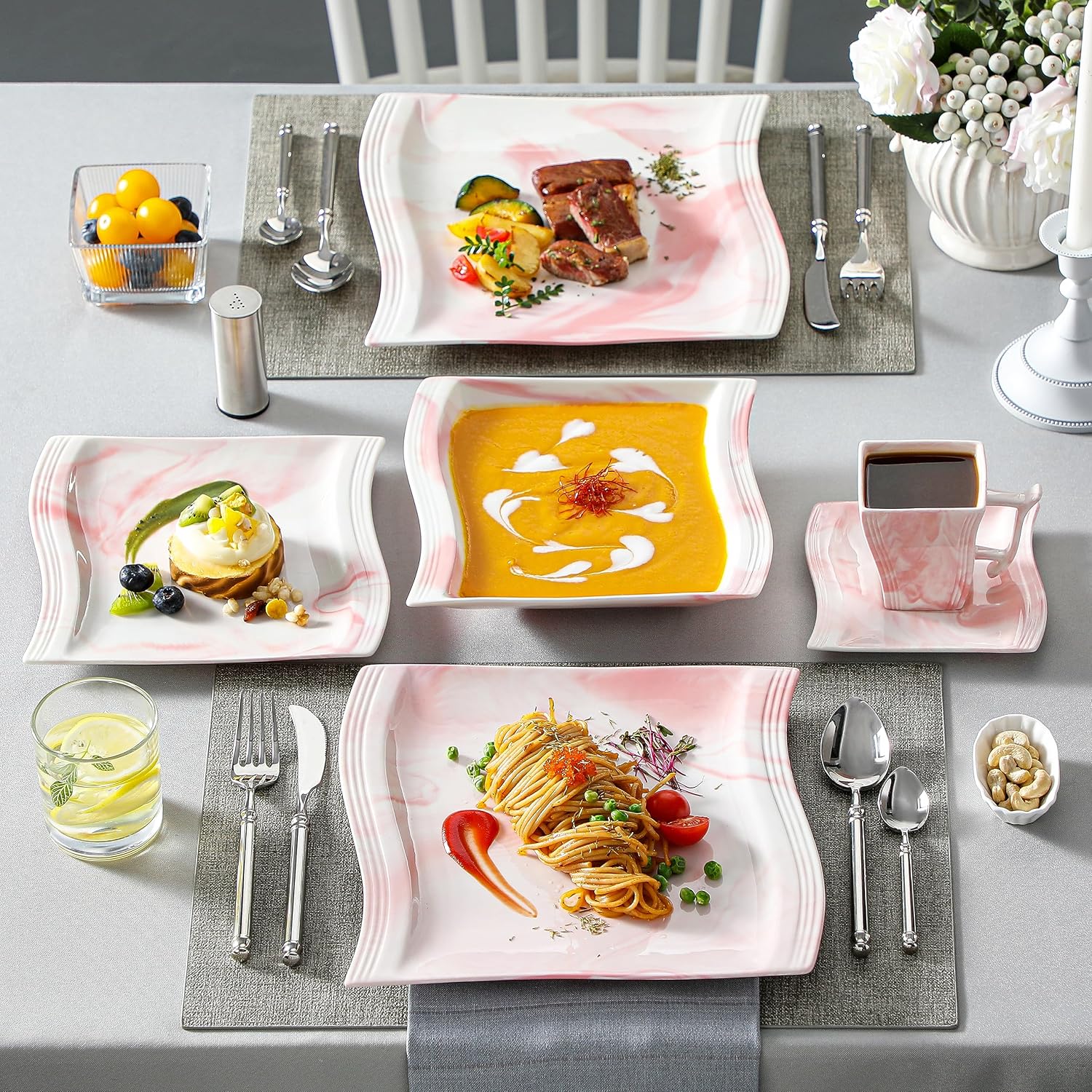 MALACASA Plates and Bowls Sets, 26 Pieces Ivory White Porcelain Dinnerware Sets without Mugs, Square Dinnerware with Dinner Plates, Bowls and Serving Platters, Modern Dish Set for 6, Series Flora