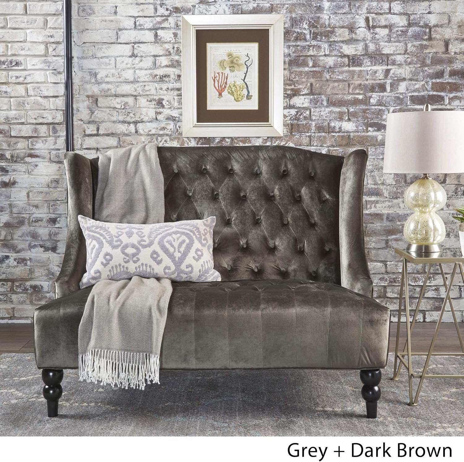Christopher Knight Home GDFStudio Leona Modern Glam Tufted Velvet Wingback Loveseat, Gray and Dark Brown