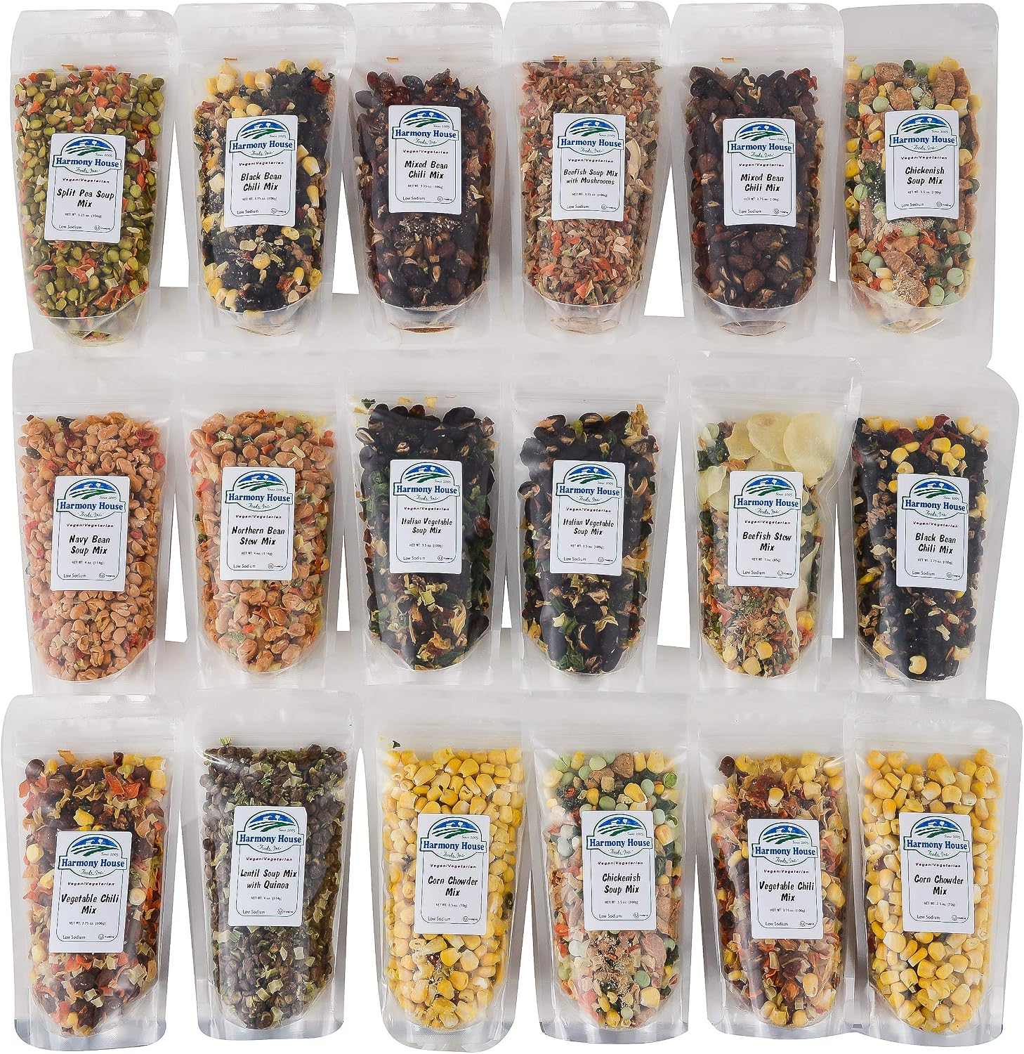 Harmony House Backpacking Soup and Chili Kit (Unseasoned) – 18 Count Variety Pack, Resealable Zip Pouches, For Cooking, Camping