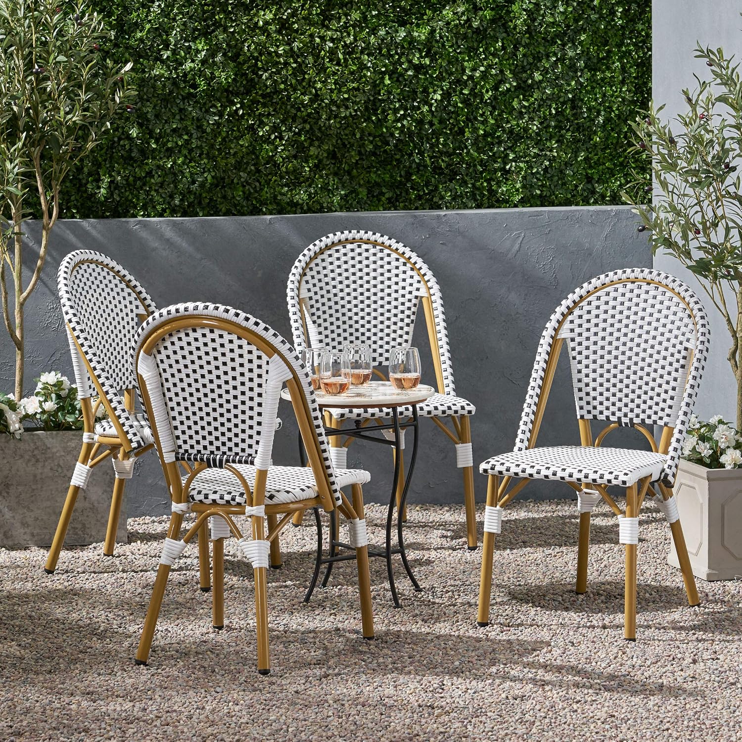 Christopher Knight Home Philomena Outdoor French Bistro Chair (Set of 4), Black + White + Bamboo Print Finish