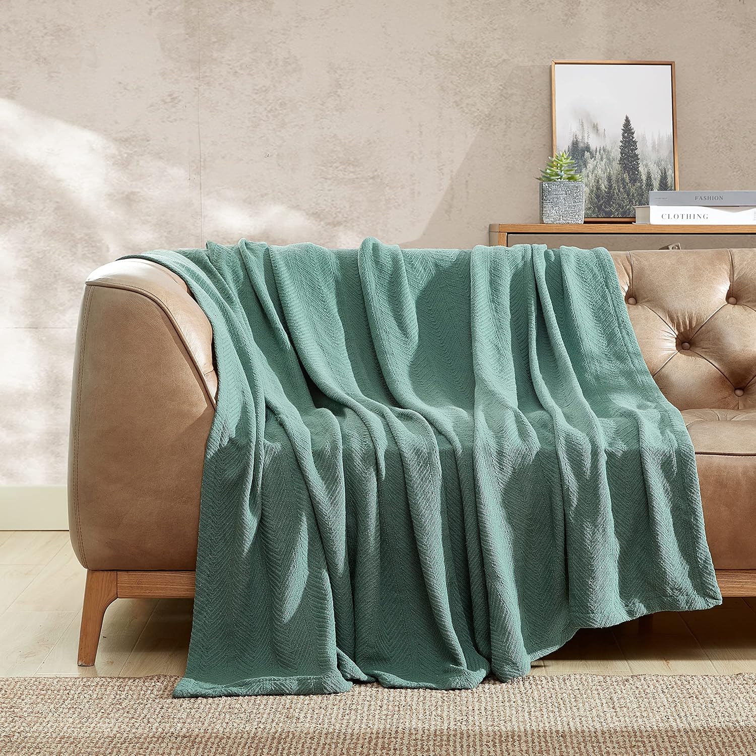 Eddie Bauer - Queen Size Blanket, 100% Soft Cotton Bed Blanket for Year Round Comfort, Throw Blanket for Couch or Bed (Herringbone Blue Stripe)