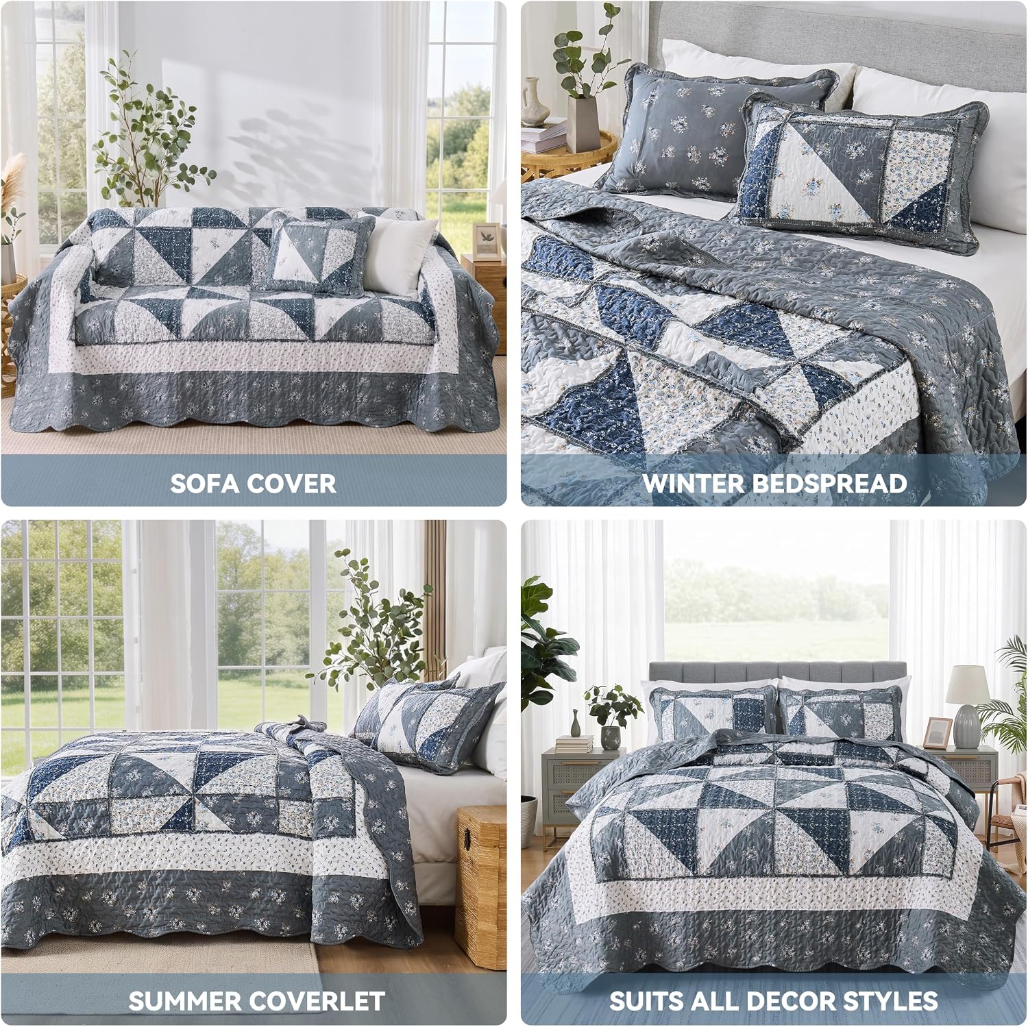 VIVILINEN Blue Floral Patchwork Quilt Set, Full Queen Size, 3 Piece Bedding Set with 2 Pillowcases