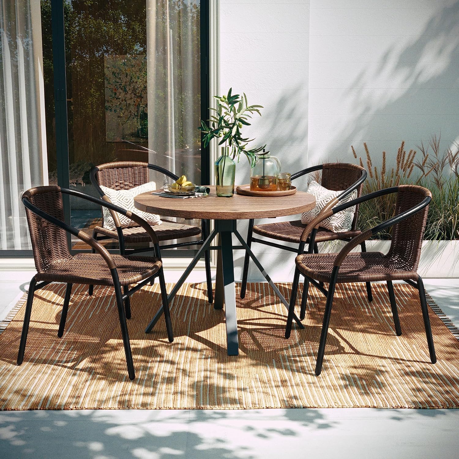 Flash Furniture Lila Modern Rattan Indoor/Outdoor Stackable Dining Chairs, Stacking Rattan Bistro Chairs for Patio or Restaurant, Set of 4, Brown | Commercial Grade, Indoor/Outdoor Use