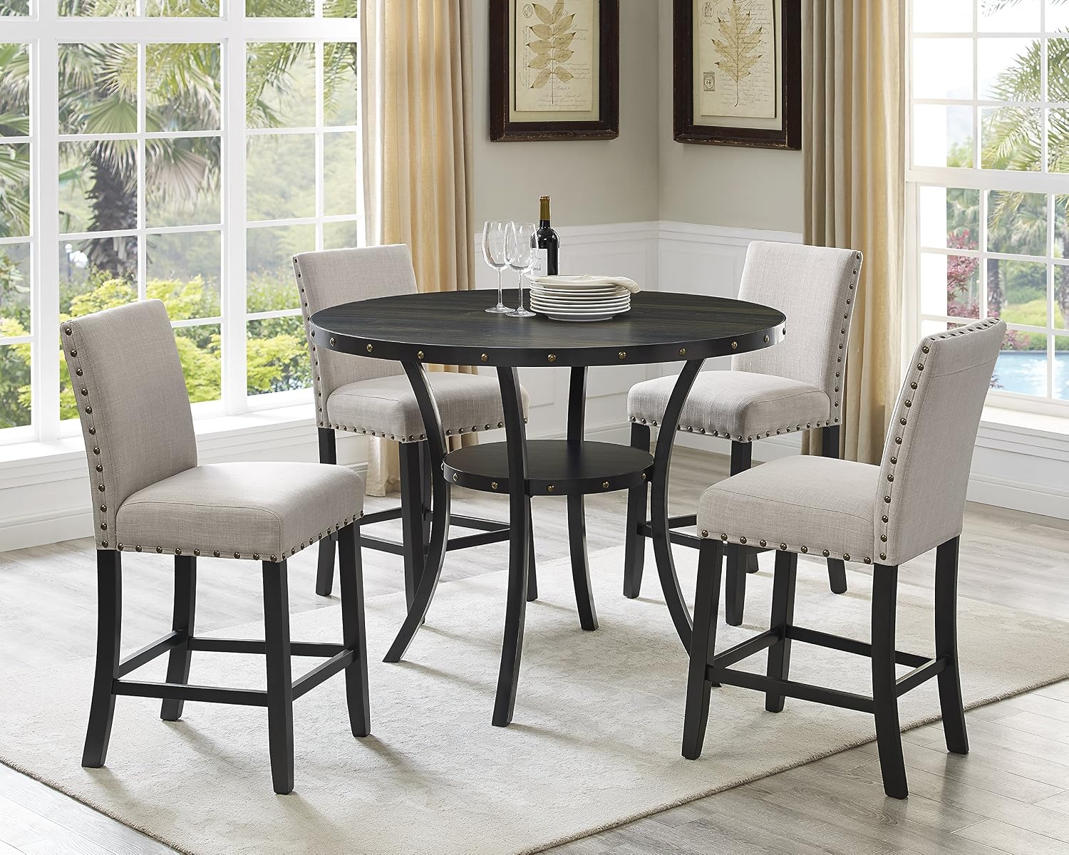 Biony Blue Fabric Counter Height Stools with Nailhead Trim, Set of 2
