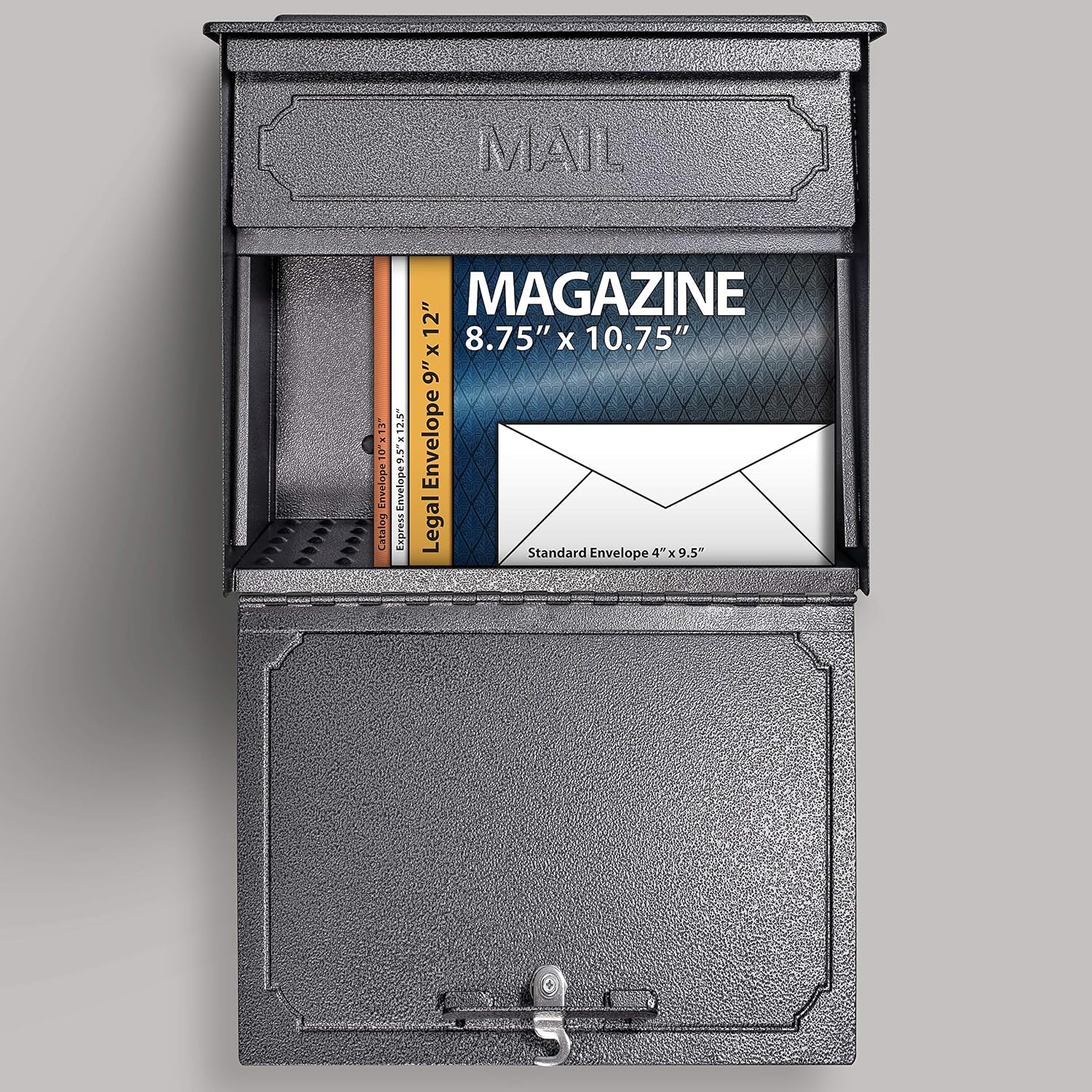 Mail Boss 7172 Townhouse Locking Security Wall Mount Mailbox, Black, Pack of 1 | Anti-pry locking door, classic stamped-panel design with decorative top cap, fixed slot fits envelopes and magazines.