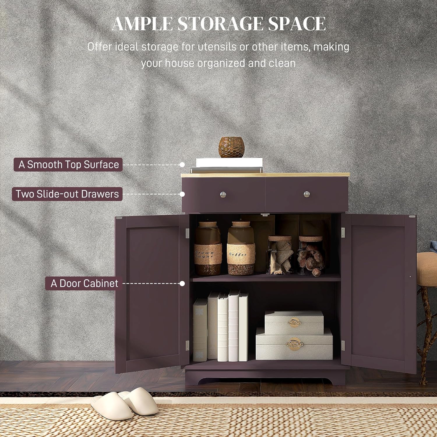 HOMCOM Sideboard Buffet Cabinet Solid Wood Countertop White