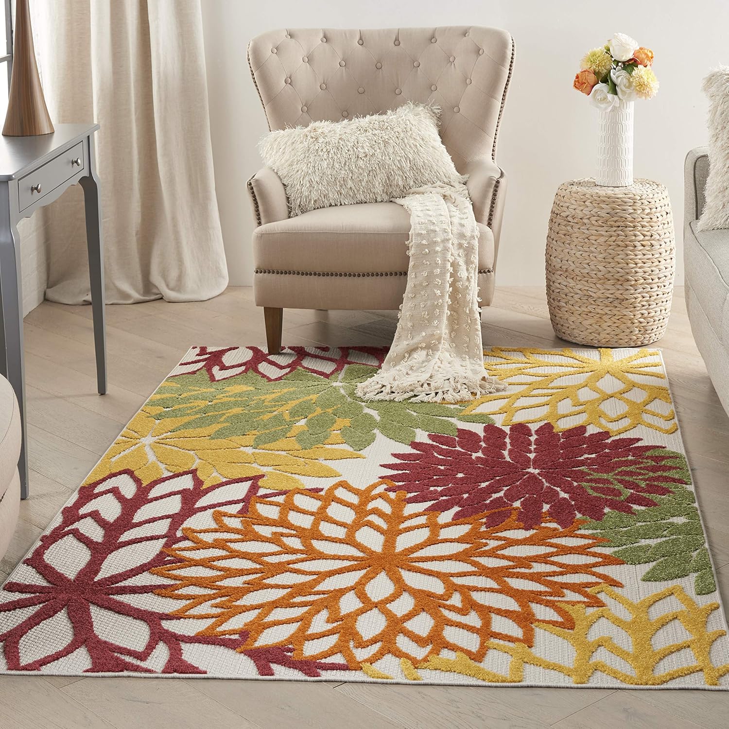 Nourison Home Aloha Indoor/Outdoor Black White 2'8" x 4' Area Rug, Tropical, Botanical, Easy Cleaning, Non Shedding, Bed Room, Living Room