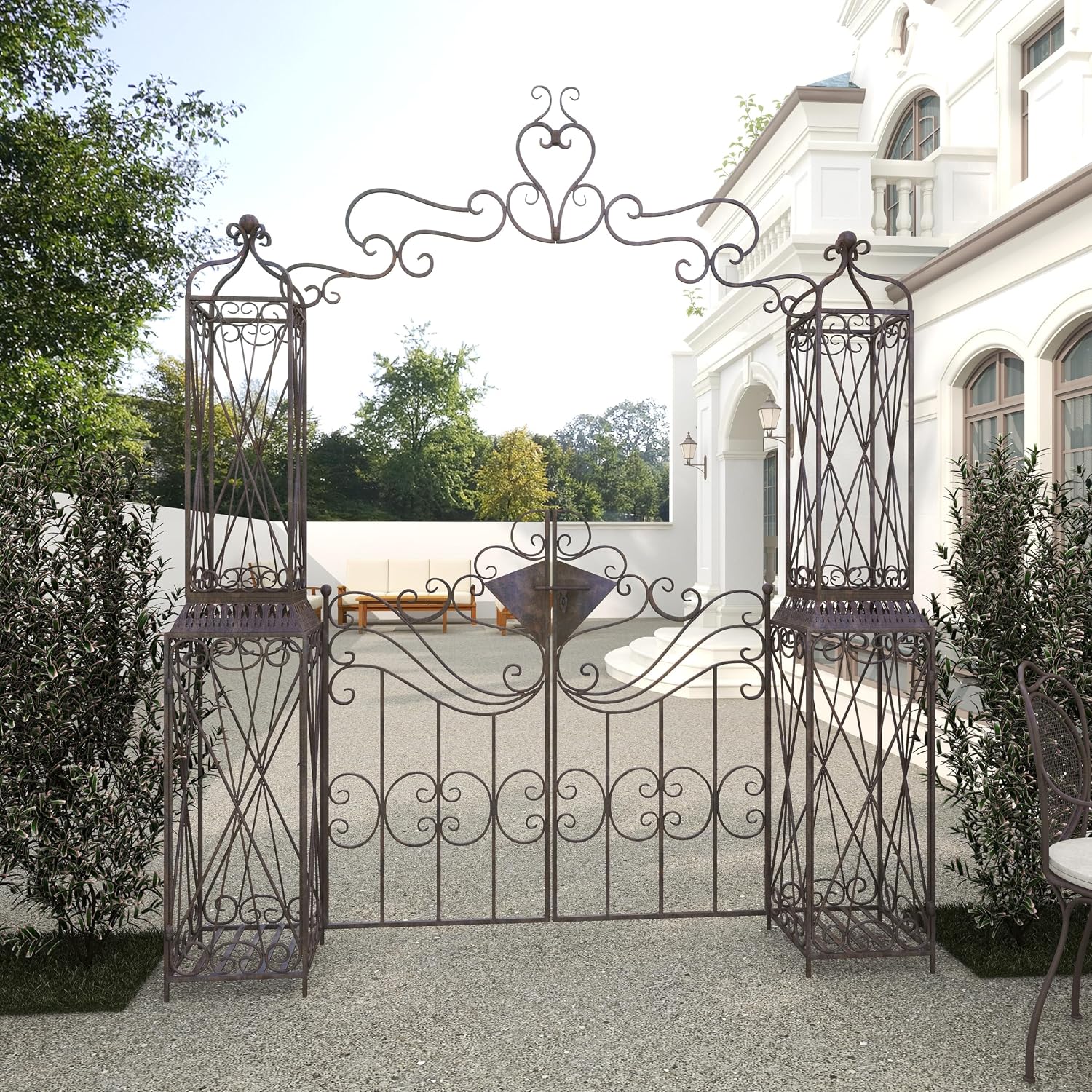 Deco 79 Metal Indoor Outdoor Garden Arbor, 78" x 14" x 94", Matte Bronze | Elevate patios and gardens, metal garden arch trellis, metal trellis for climbing plants outdoor, double doors, scroll latch