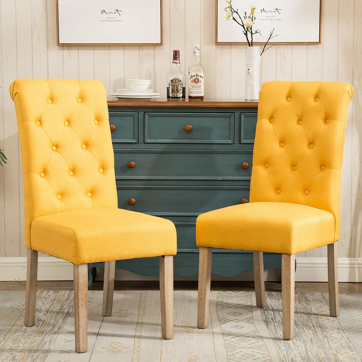 Roundhill Furniture Habit Solid Wood Tufted Parsons Dining Chair (Set of 2), Tan