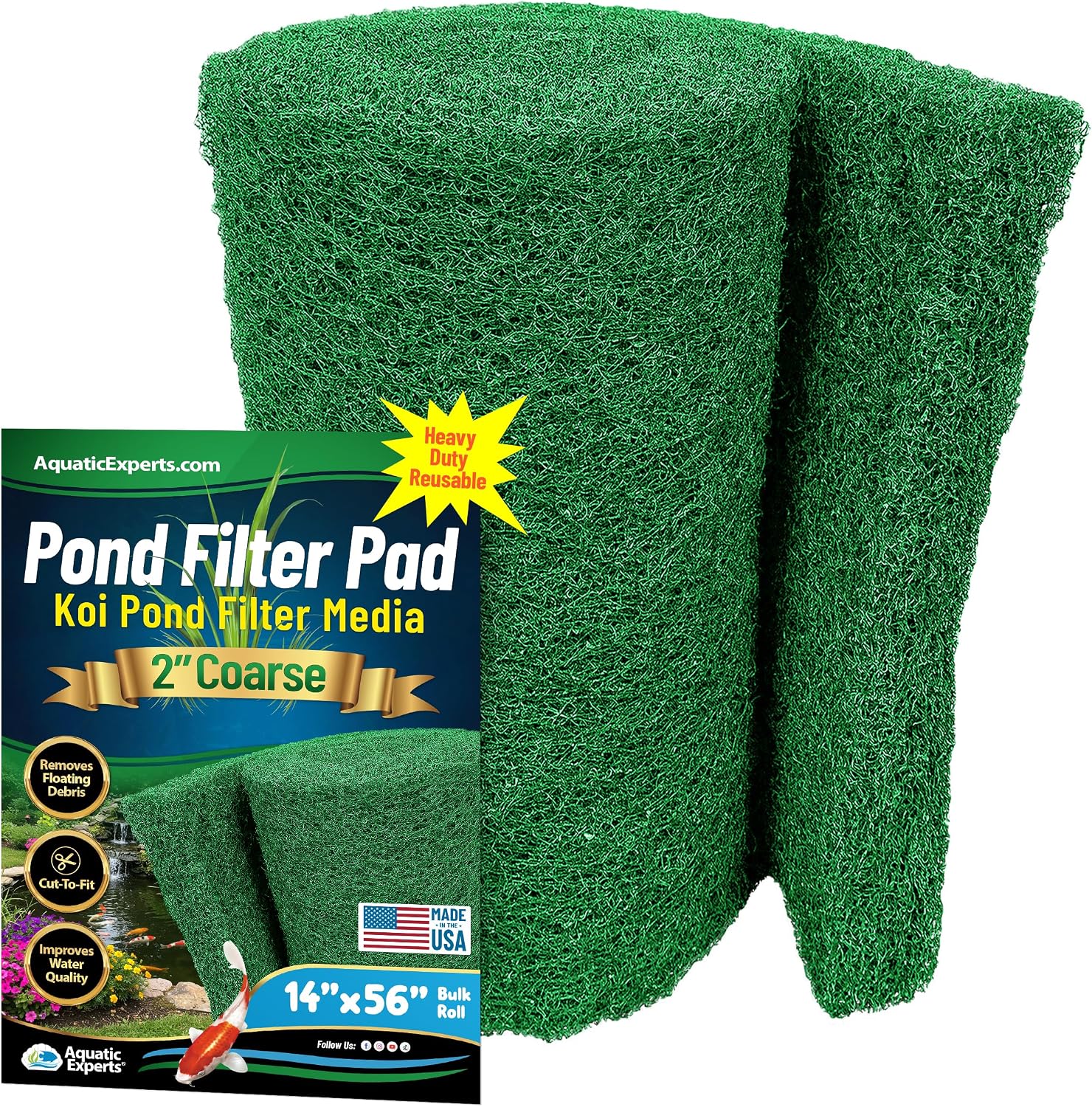 Aquatic Experts Cream COARSE Pond Filter Pad - 2 inch Thick - Bulk Roll Water Garden Filter Pond Media - Made in USA, (12" x 36")