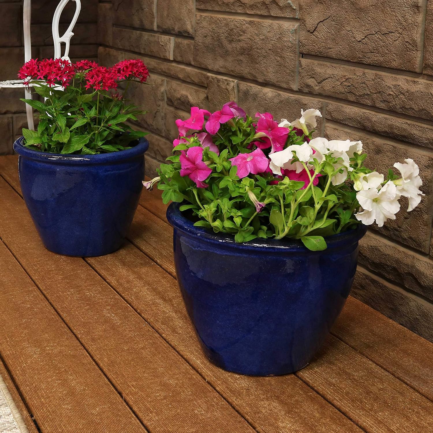 Sunnydaze Chalet 12" Ceramic Plant Pot, Imperial Blue Glaze, 2pk
