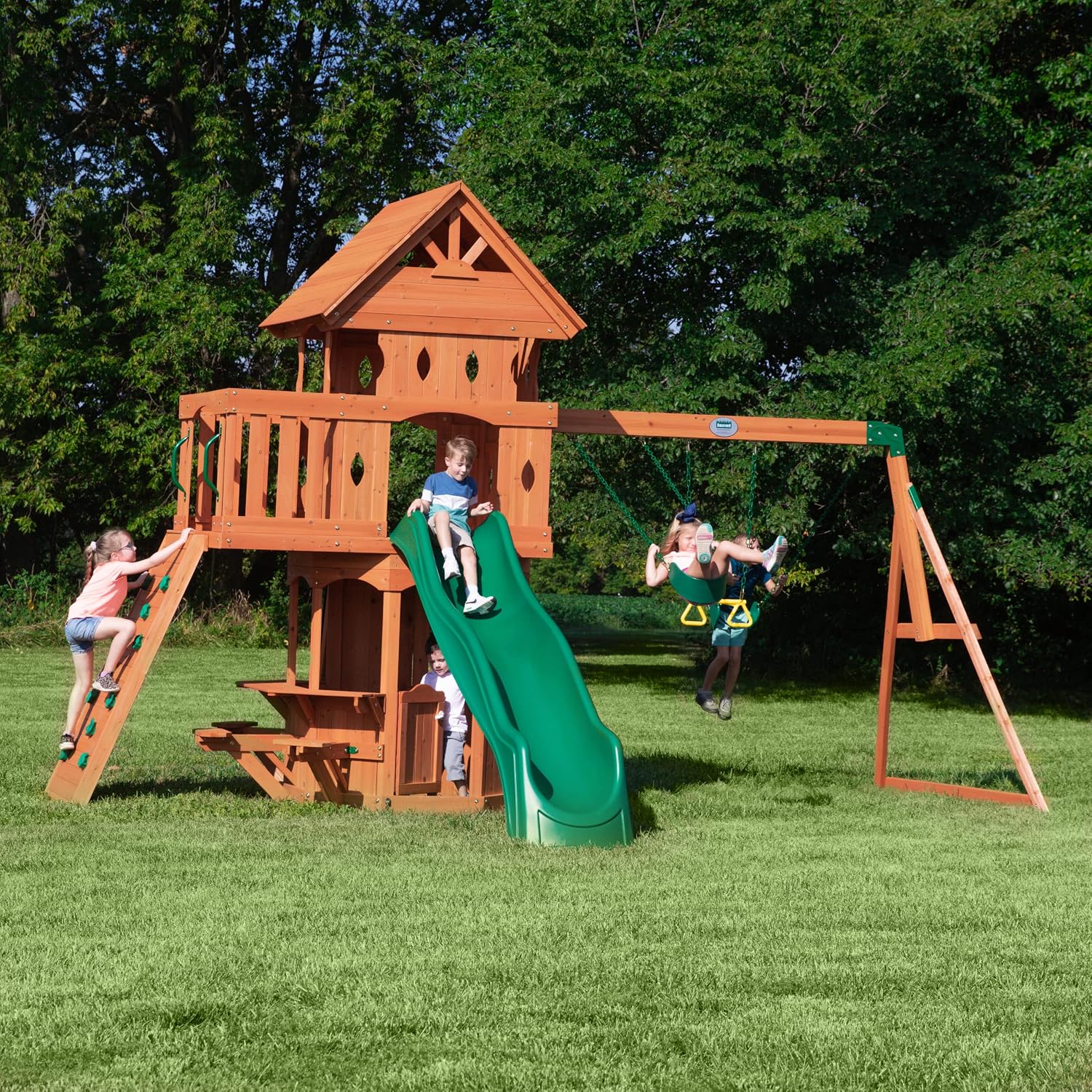 Backyard Discovery Woodland Cedar Wood Swing Set with Wave Slide, Clubhouse, Rock Wall, Snack Bar Station, Benches, Belt Swings, Trapeze, Half Door