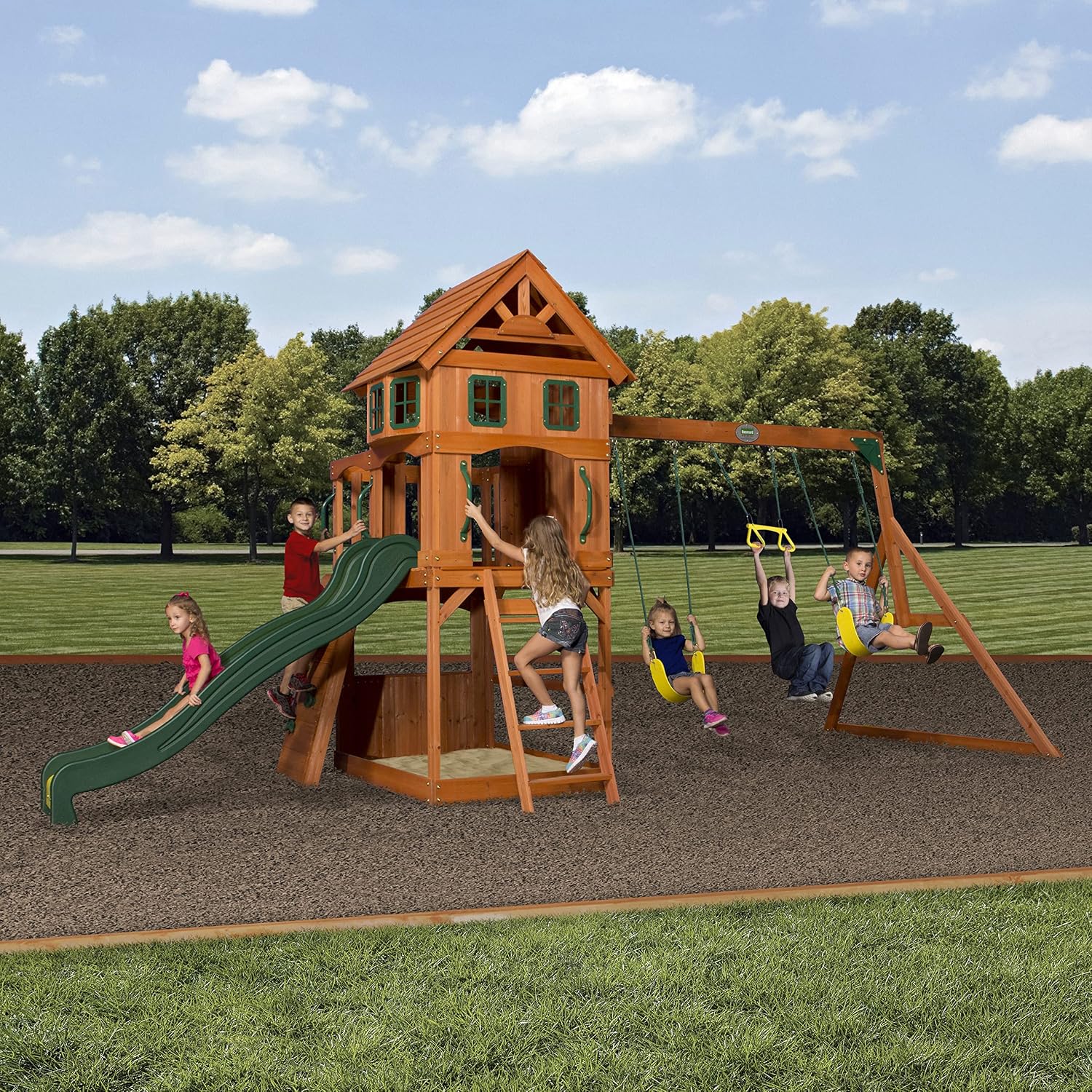 Backyard Discovery Atlantis Cedar Wood Swing Set with Wave Slide, Raised Clubhouse, Rock Wall, Belt Swings, Trapeze, Balcony, Lower Play Space
