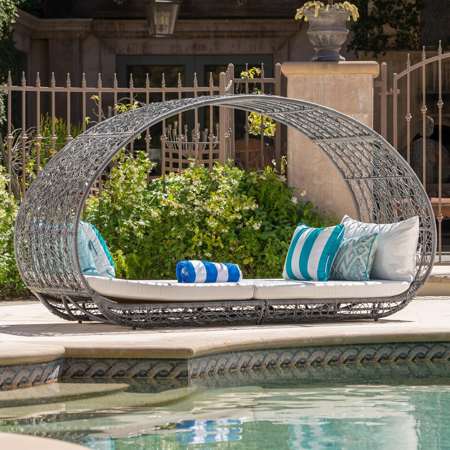 GDFStudio Outdoor Wicker Overhead Canopy Daybed Water Resistant Cushion (Grey/White)