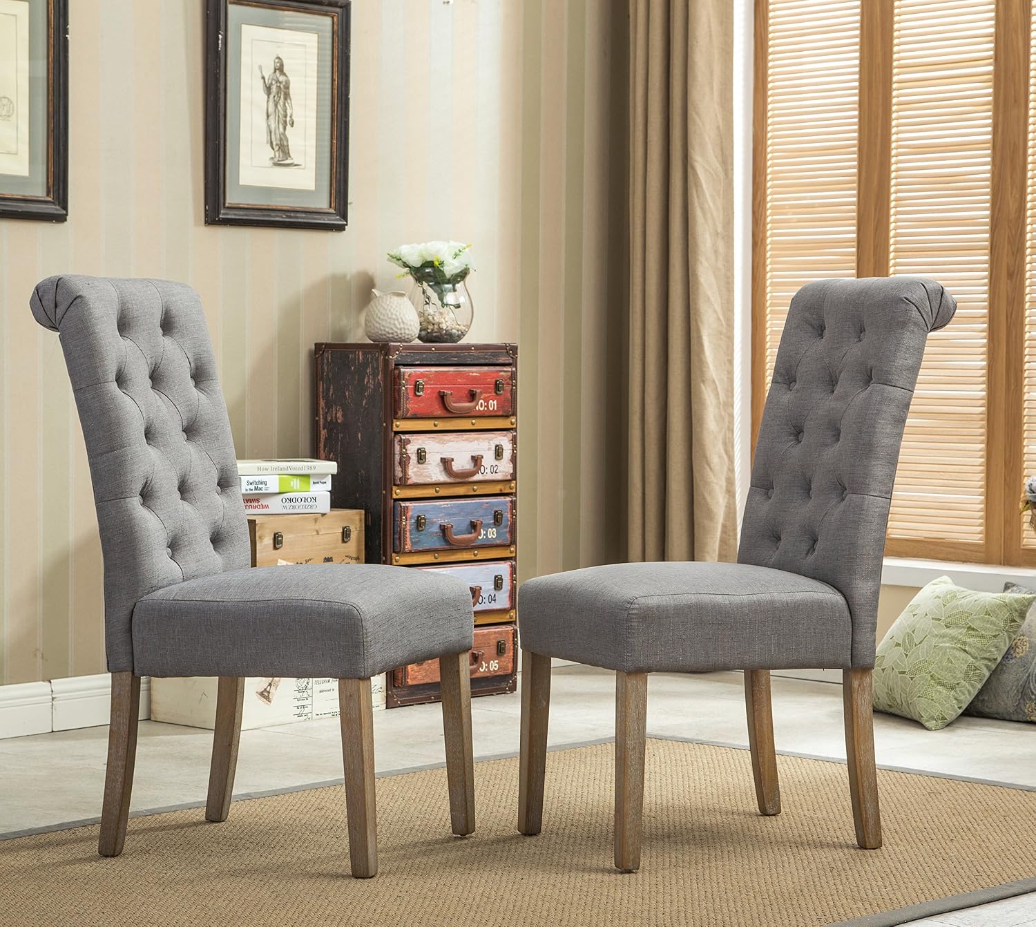 Roundhill Furniture Habit Solid Wood Tufted Parsons Dining Chair (Set of 2), Tan