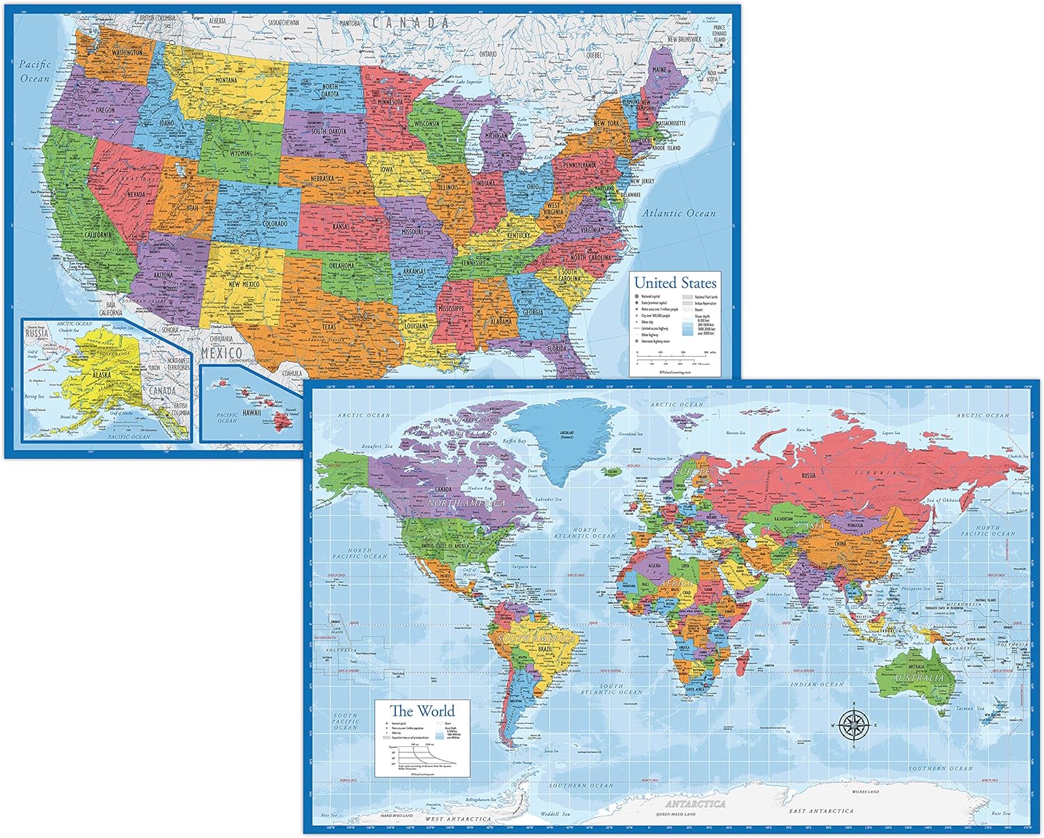 Laminated World Map & US Map Poster Set - 18" x 29" - Wall Chart Maps of the World & United States - Made in the USA - (LAMINATED, 18" x 29")