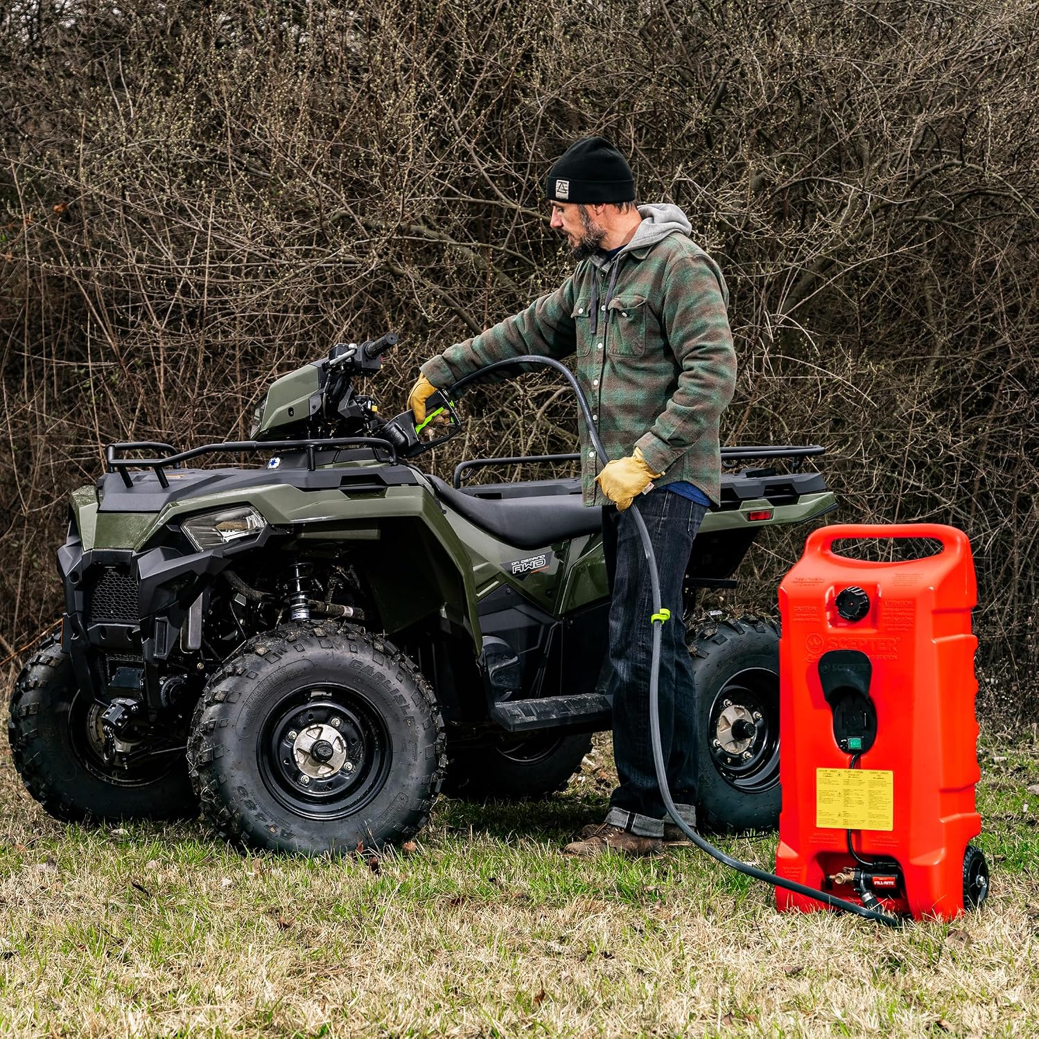 Scepter Duramax Flo ’N Go 14 Gallon Gas Caddy, 53 Liter Fuel Tank, Red | Updated Version, Portable Fuel Transfer Pump with 10-Foot Hose for Lawn Mower, Farm, Marine, Commercial, and Home Use