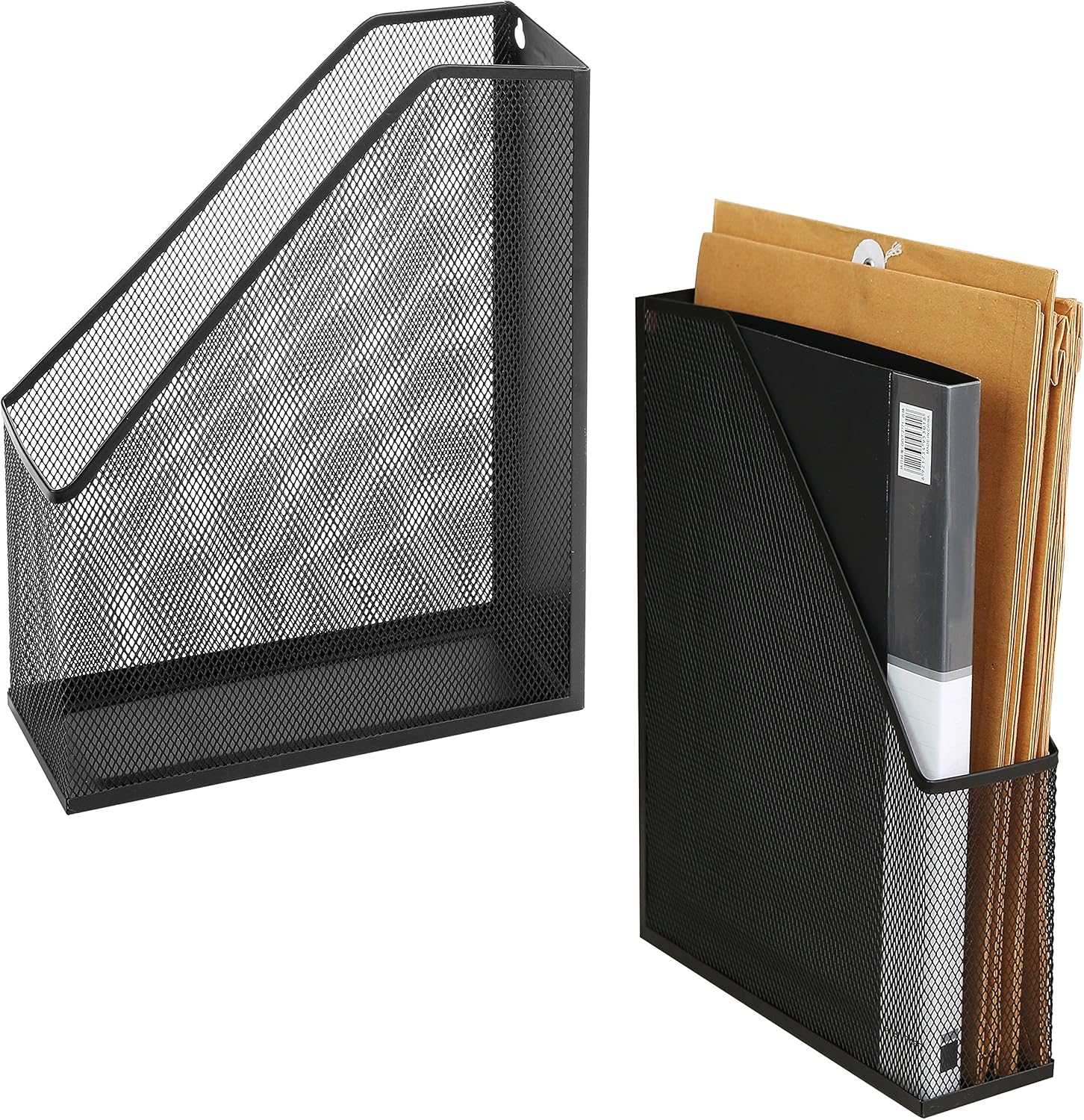 MyGift Wire Mesh Wall Mounted or Freestanding Document Rack, Magazine and File Holder, Set of 2, Black