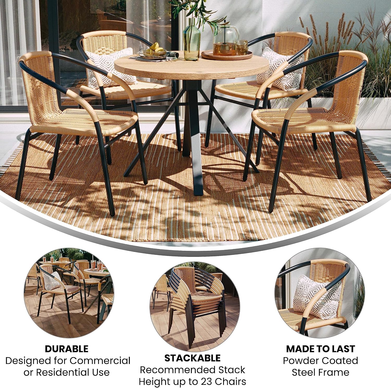Flash Furniture Lila Modern Rattan Indoor/Outdoor Stackable Dining Chairs, Stacking Rattan Bistro Chairs for Patio or Restaurant, Set of 4, Brown | Commercial Grade, Indoor/Outdoor Use