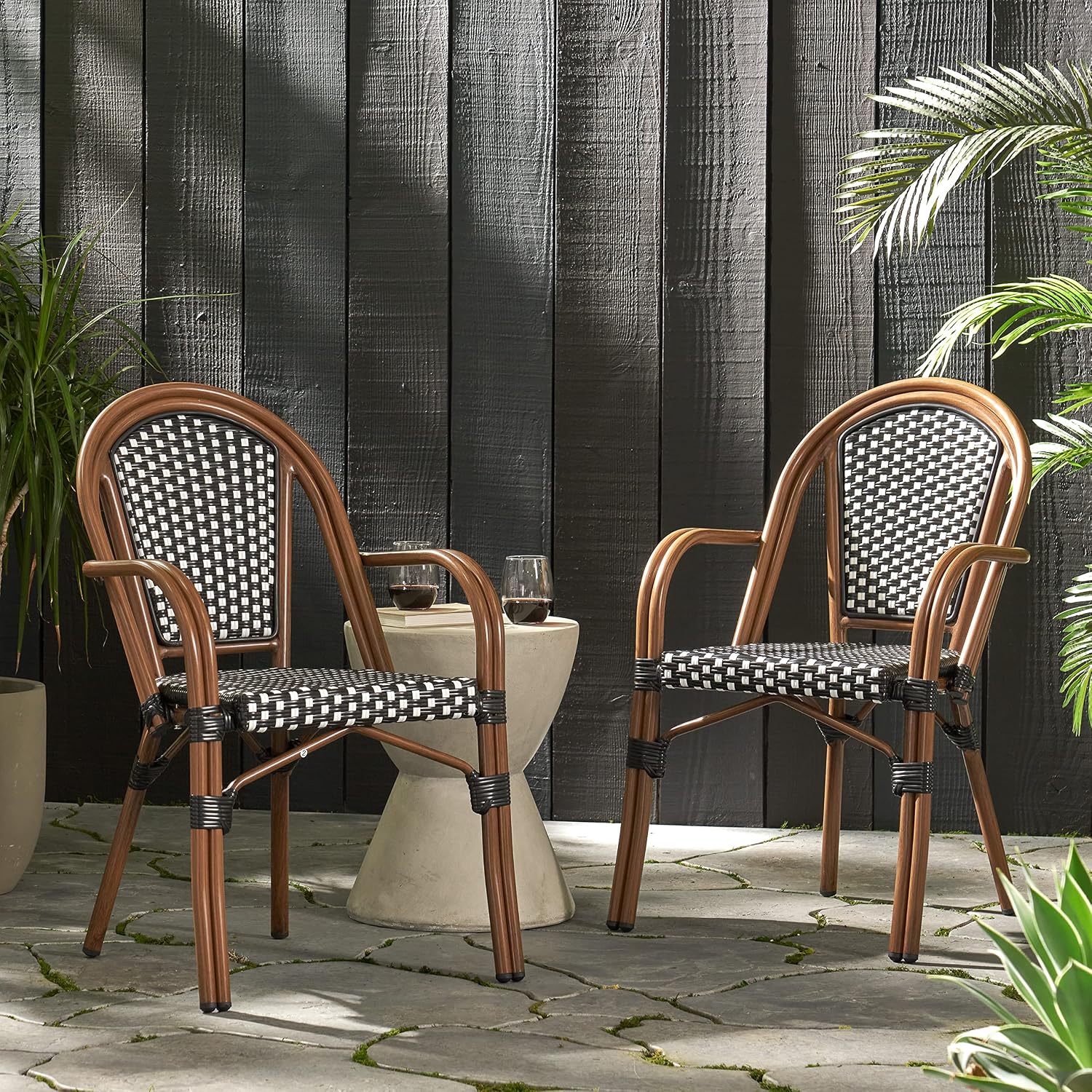 Christopher Knight Home Anastasia Outdoor French Bistro Chair (Set of 2), Black + White + Bamboo Print Finish