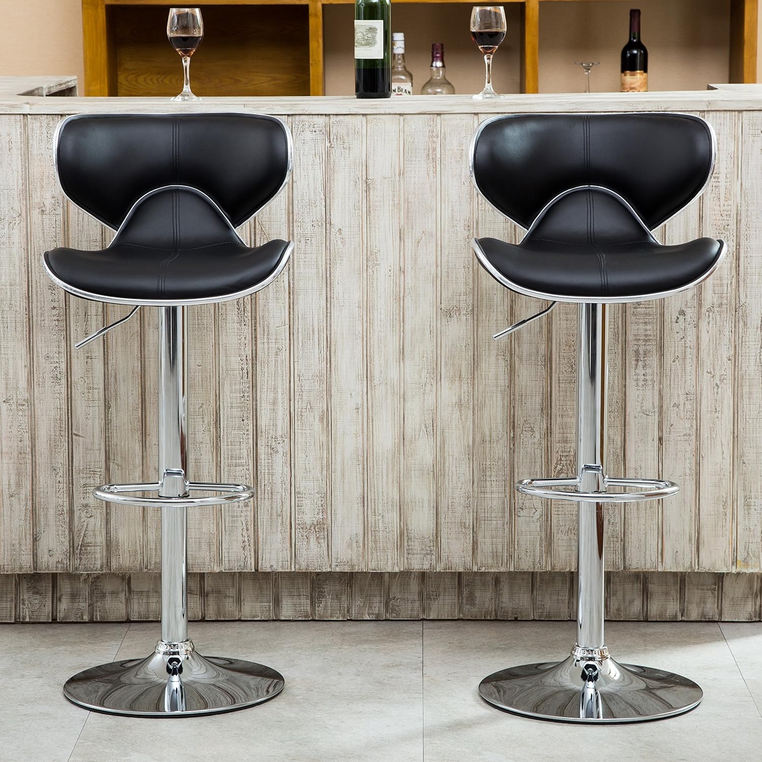 Roundhill Furniture Masaccio Cushioned Leatherette Upholstery Airlift Adjustable Swivel Barstool with Chrome Base, Set of 2, Blue