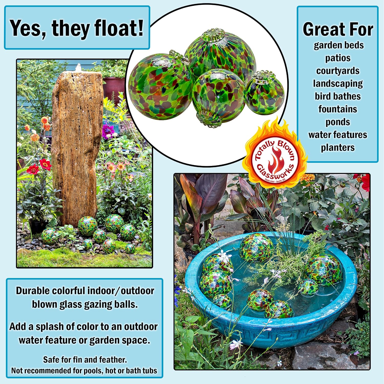 Totally Blown Glassworks Pond Float. Handmade Blown Glass, Garden Gazing Ball, Table Centerpiece